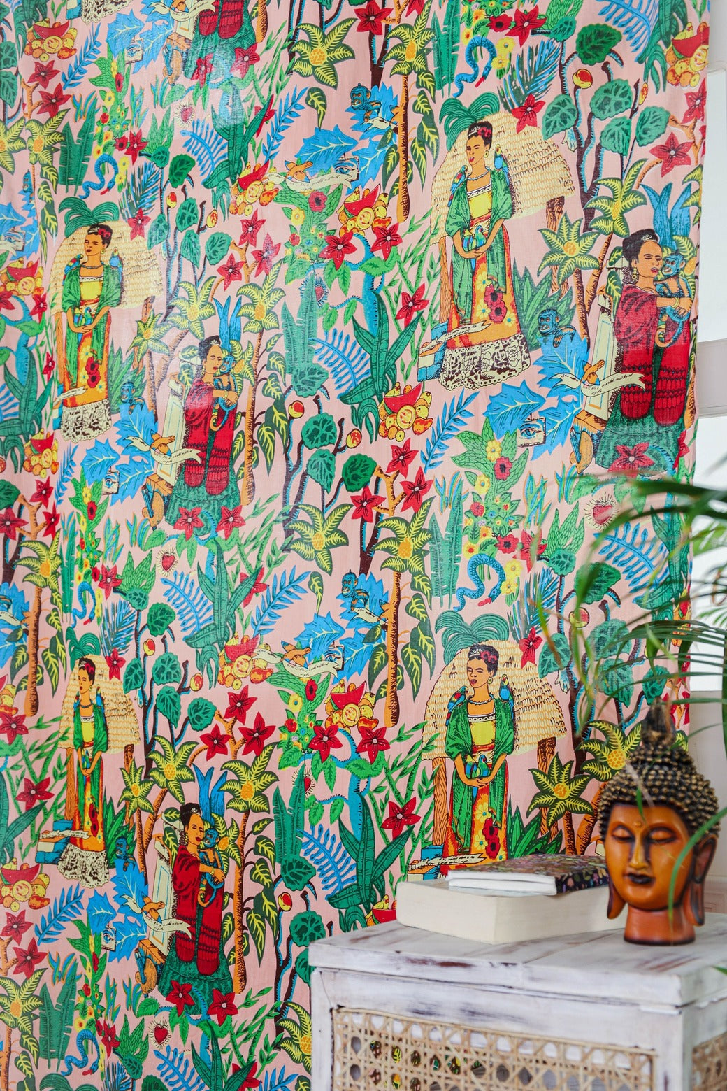 Beige Green Frida Khalo Printed Curtain - 1 Panel Set