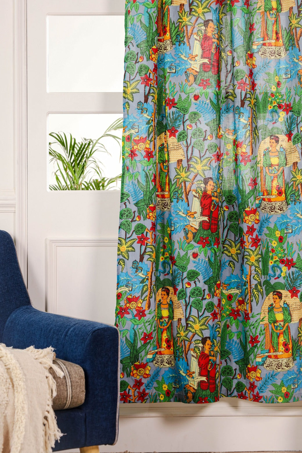 Green Frida Khalo Printed Curtain 1 Panel Set