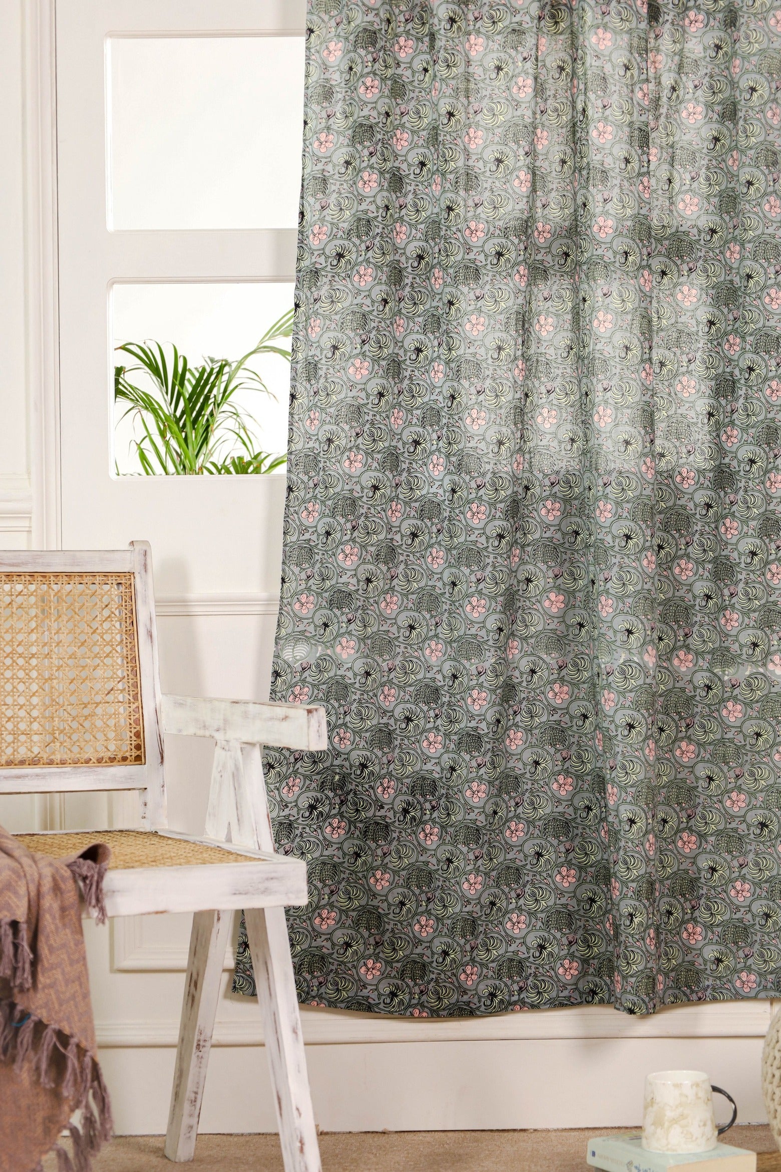 Semi Sheer Floral Printed Curtain - 1 Panel Set