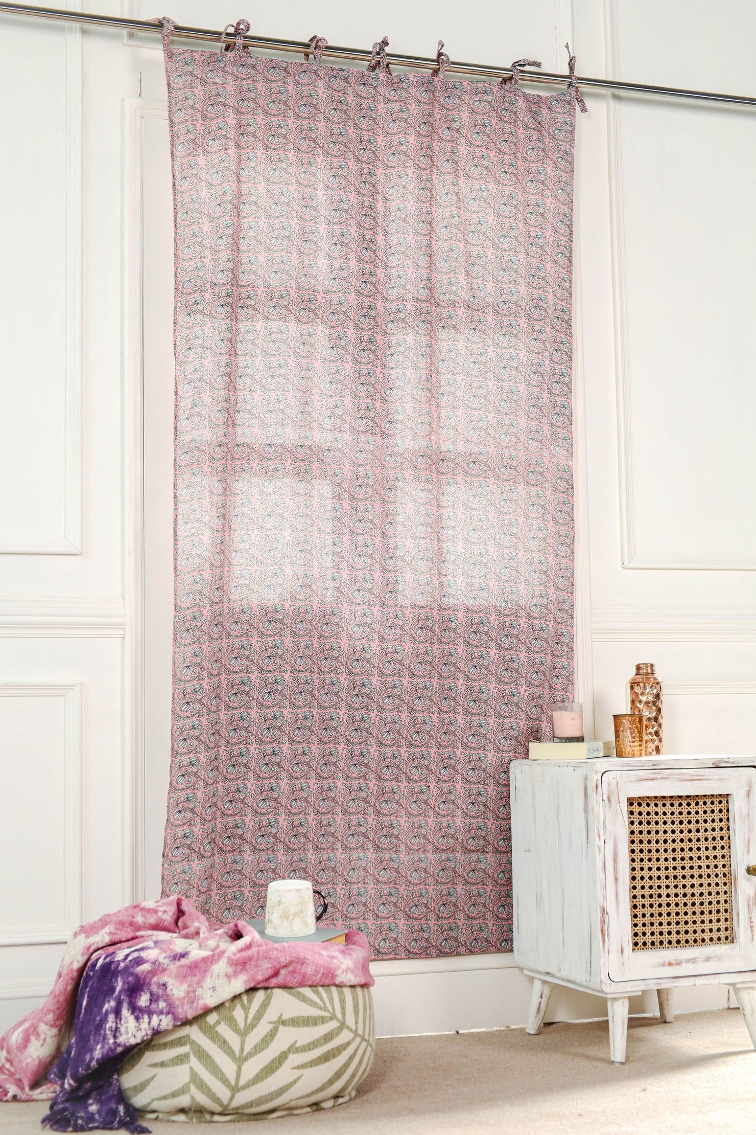 Pink Floral Printed Curtain 1 Panel Set