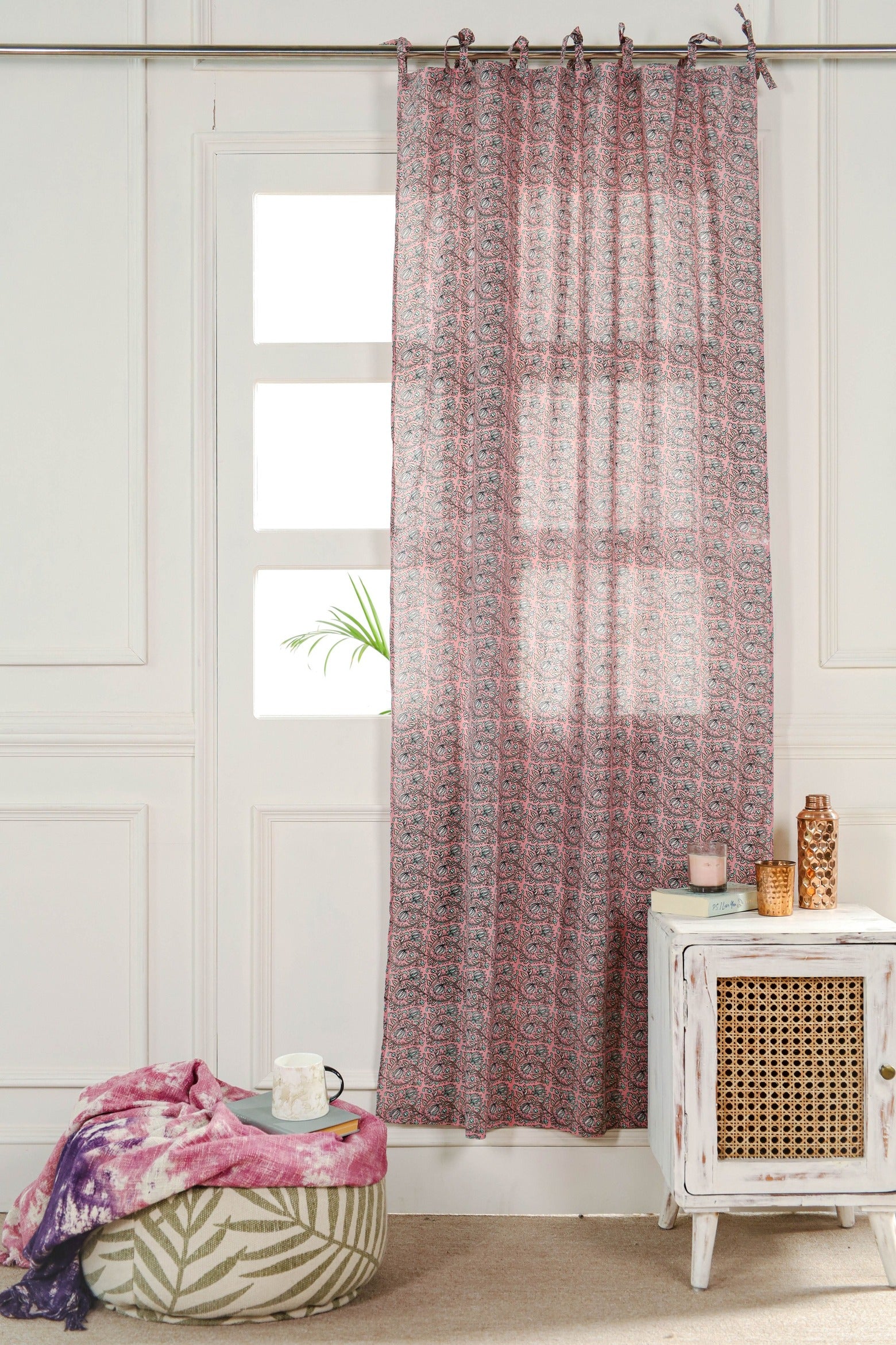 Pink Floral Printed Curtain 1 Panel Set