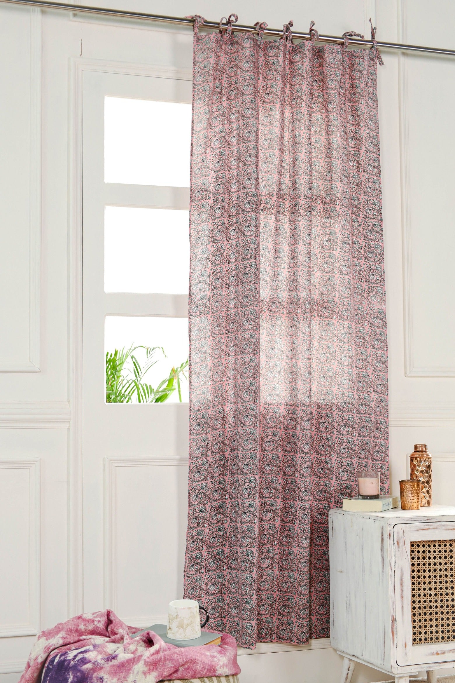 Pink Floral Printed Curtain 1 Panel Set