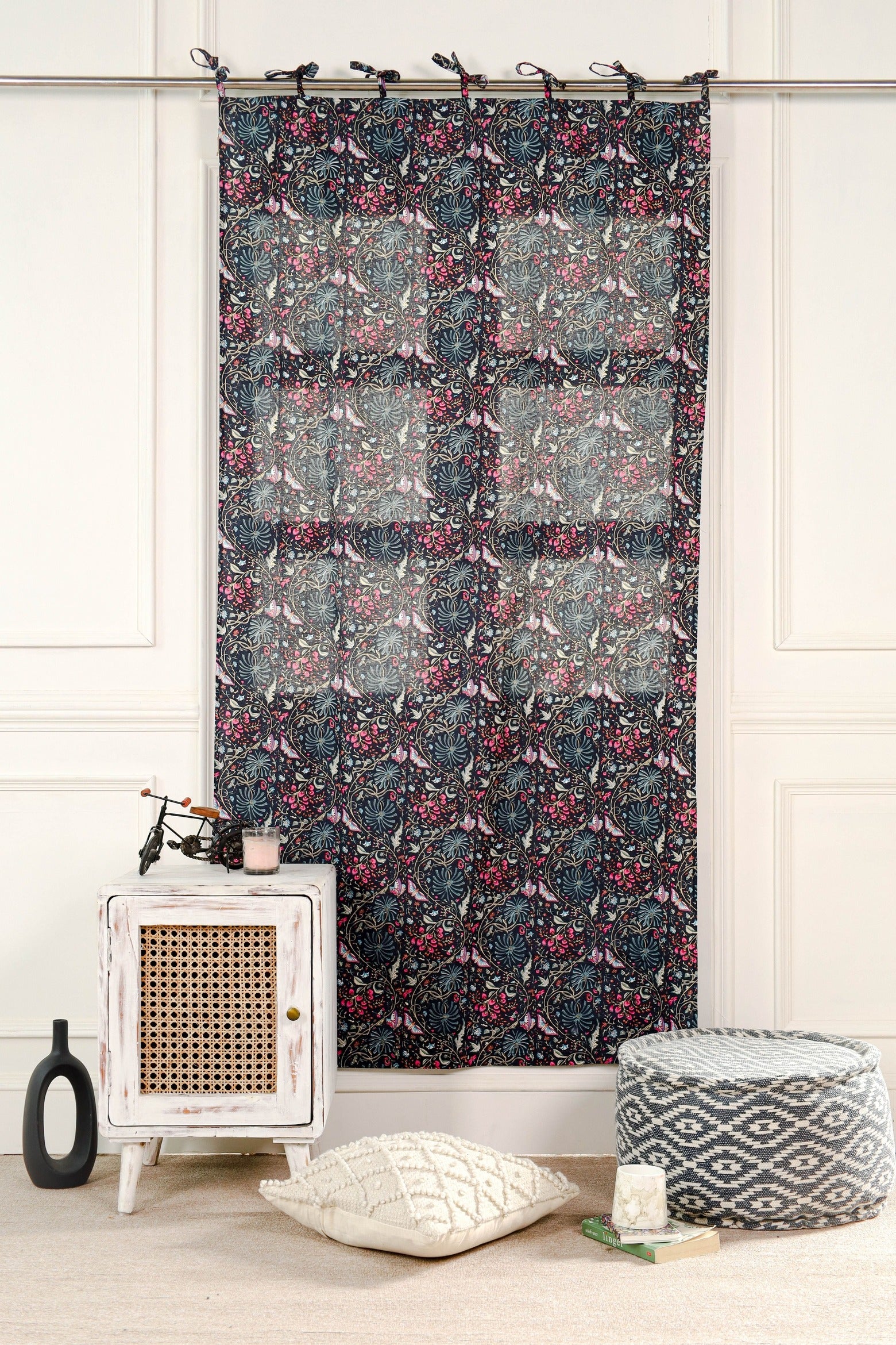 Black Butterfly Floral Printed Curtain - 1 Panel Set