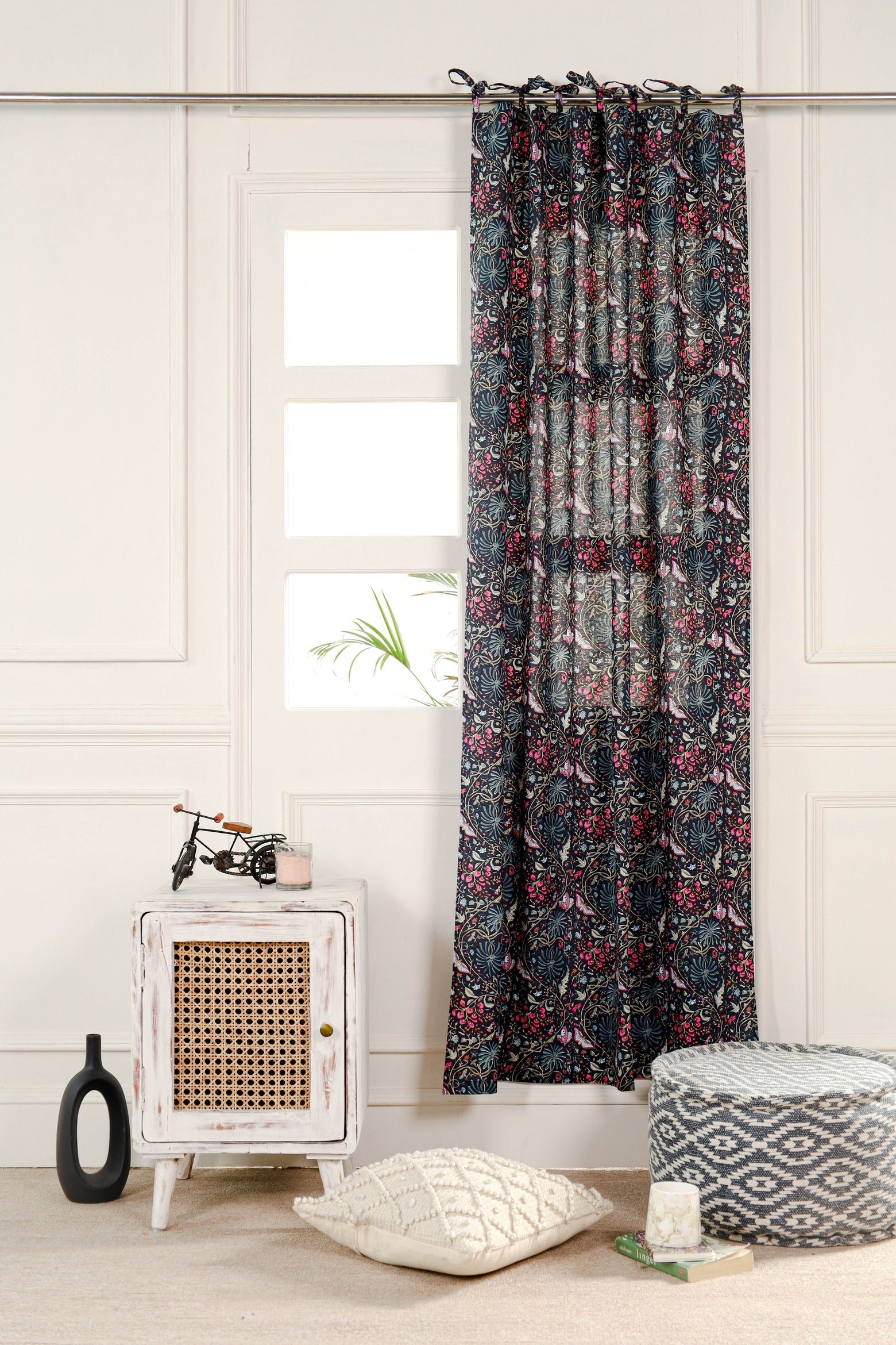 Black Butterfly Floral Printed Curtain - 1 Panel Set