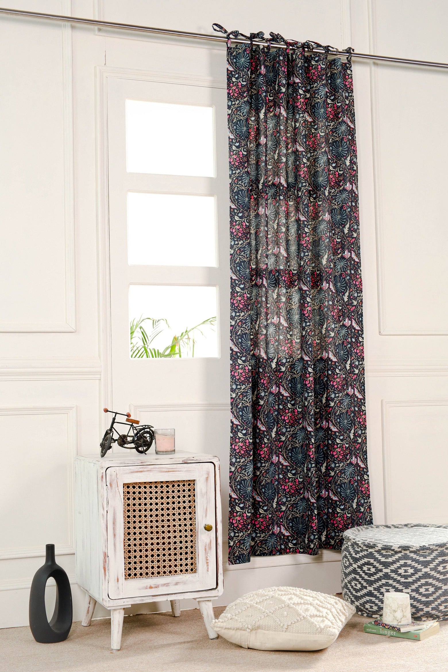 Black Butterfly Floral Printed Curtain - 1 Panel Set