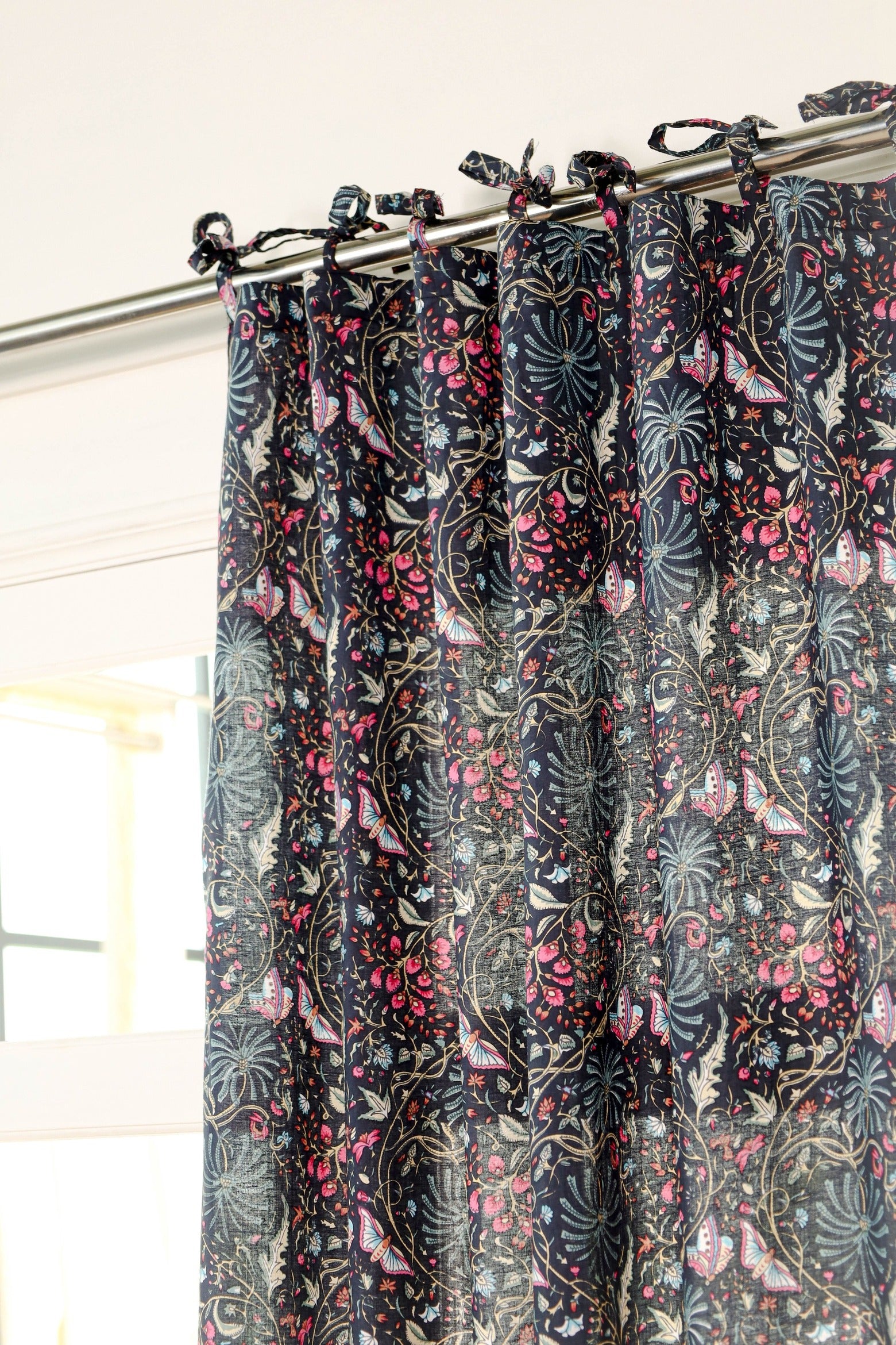 Black Butterfly Floral Printed Curtain - 1 Panel Set