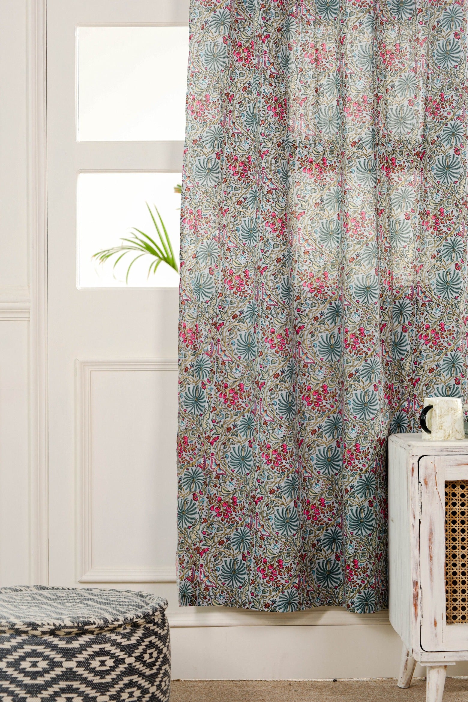 White Butterfly Floral Printed Curtain - 1 Panel Set