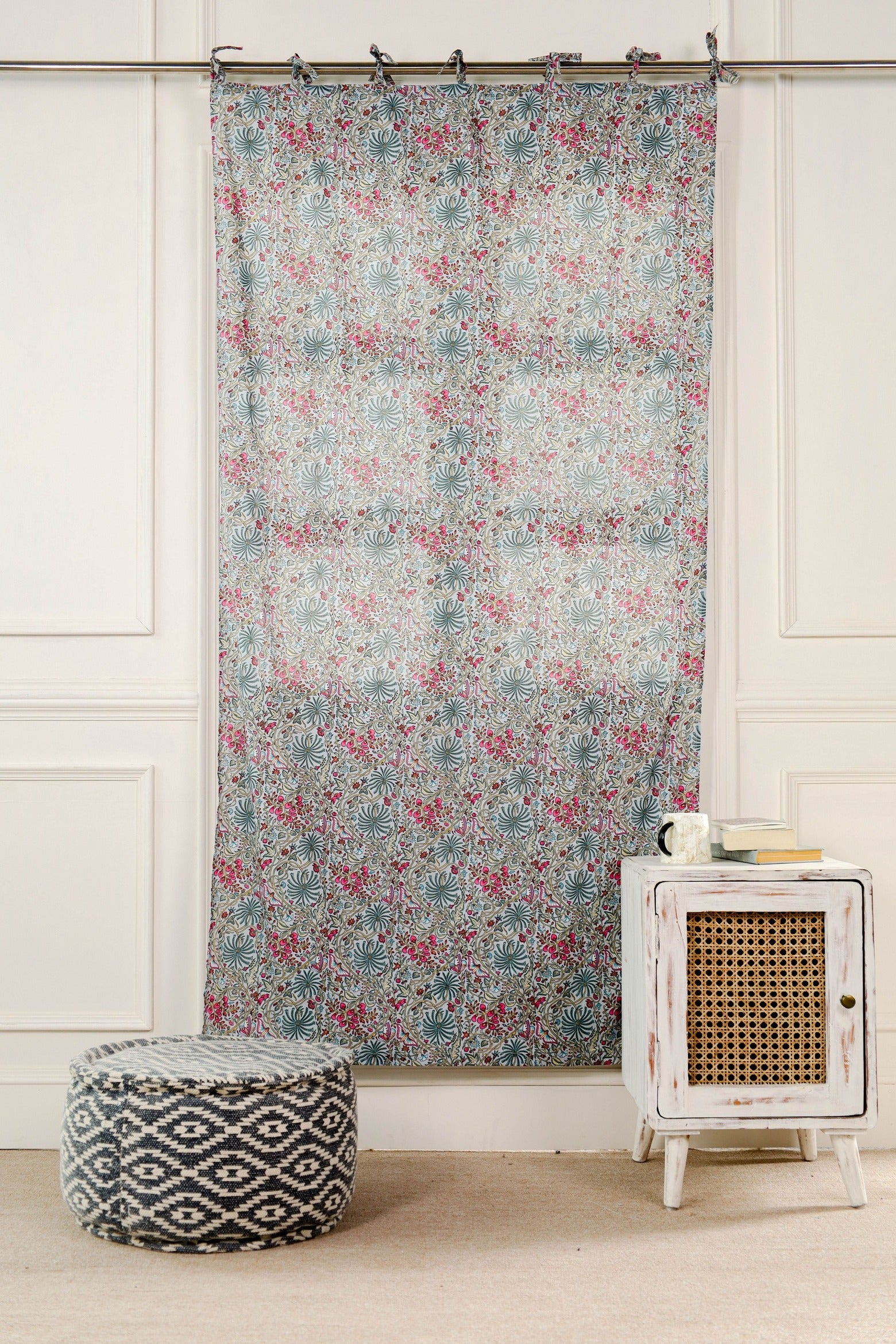 White Butterfly Floral Printed Curtain - 1 Panel Set