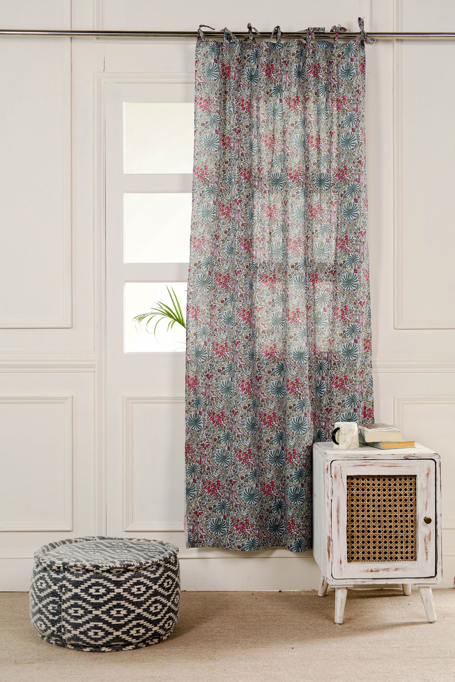 White Butterfly Floral Printed Curtain - 1 Panel Set