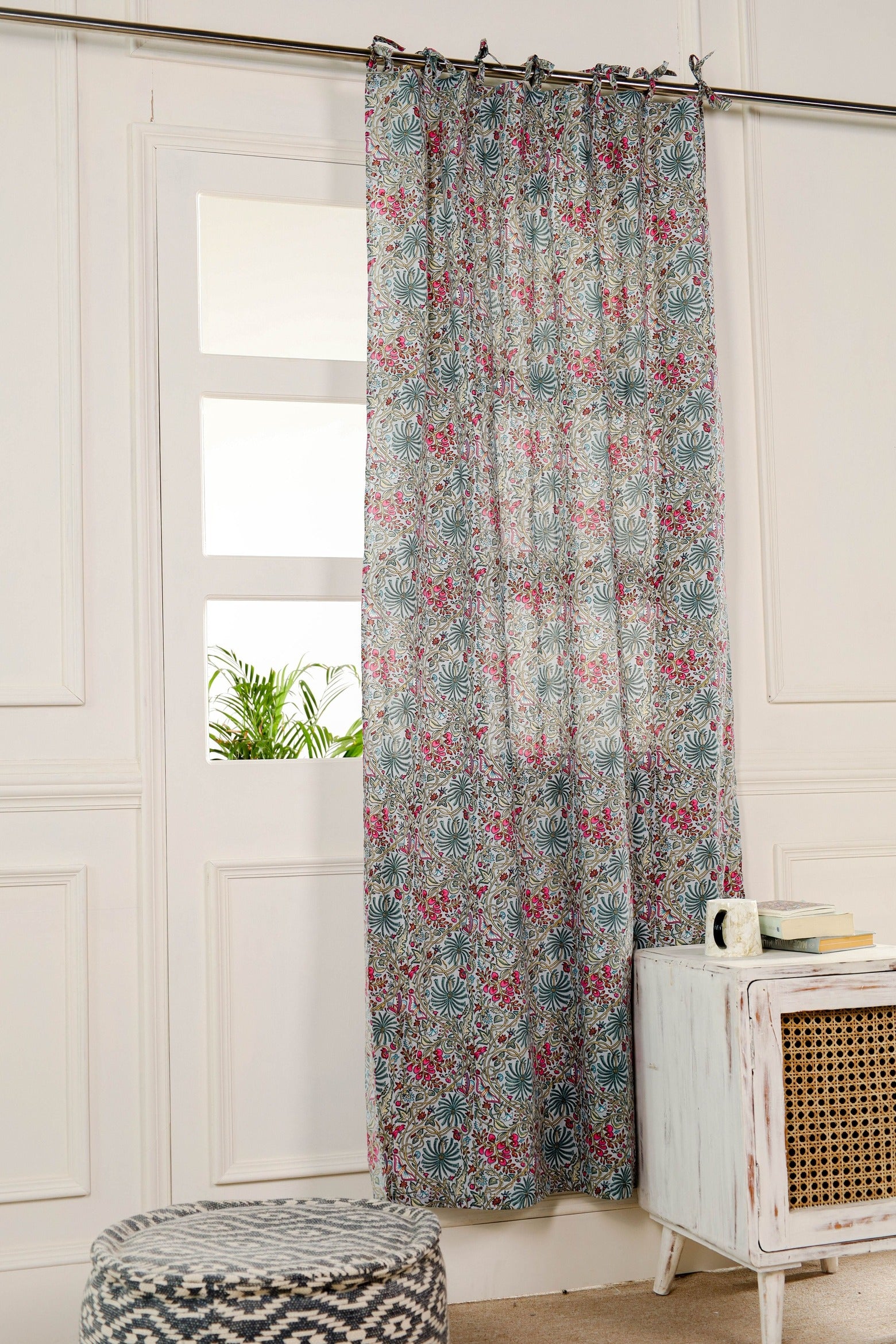 White Butterfly Floral Printed Curtain - 1 Panel Set