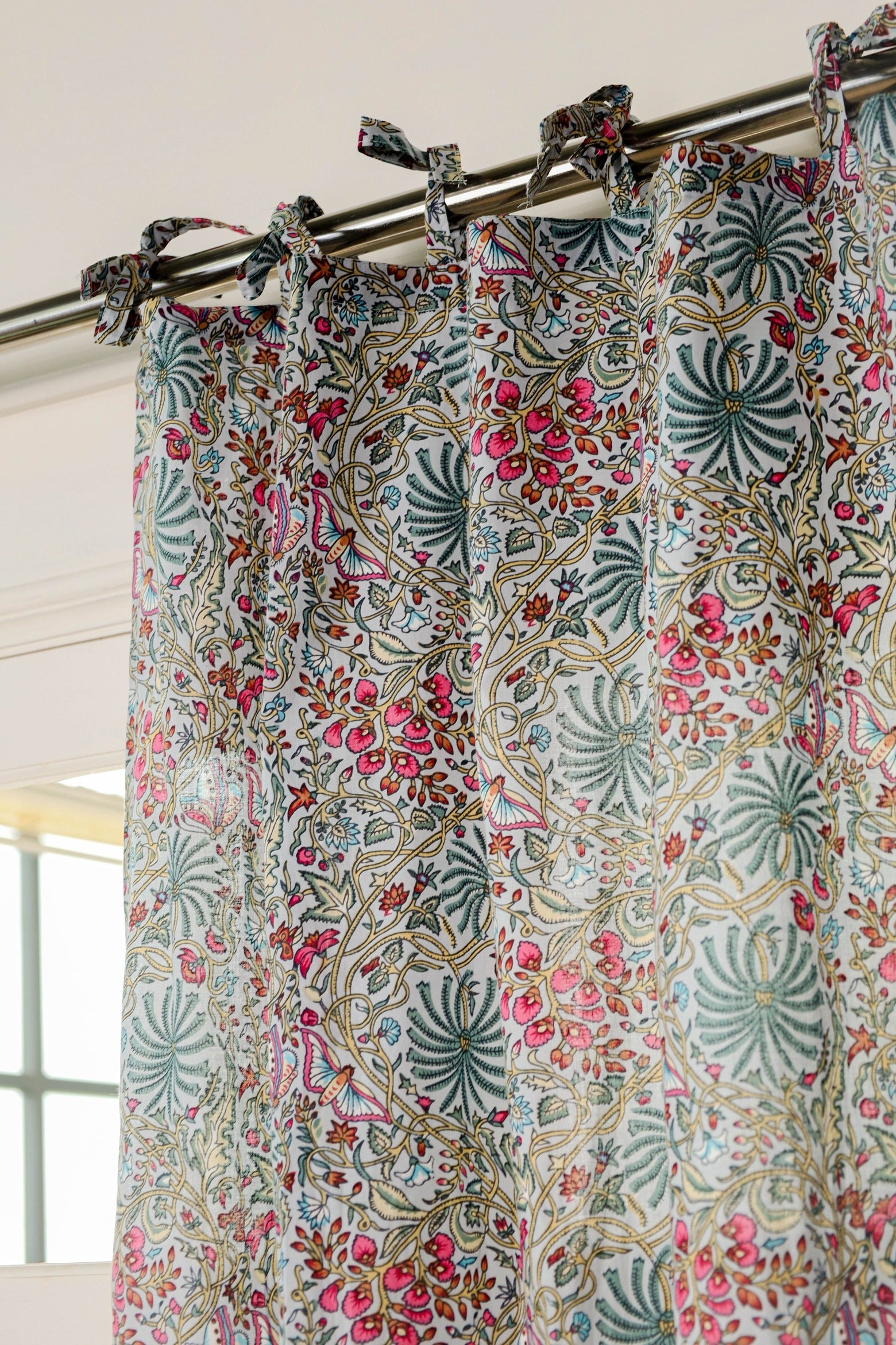 White Butterfly Floral Printed Curtain - 1 Panel Set