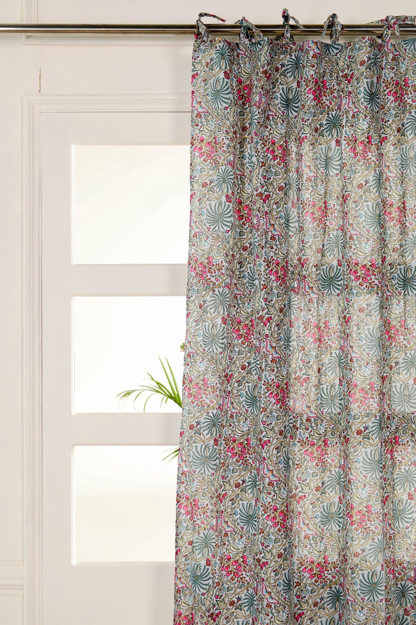 White Butterfly Floral Printed Curtain - 1 Panel Set