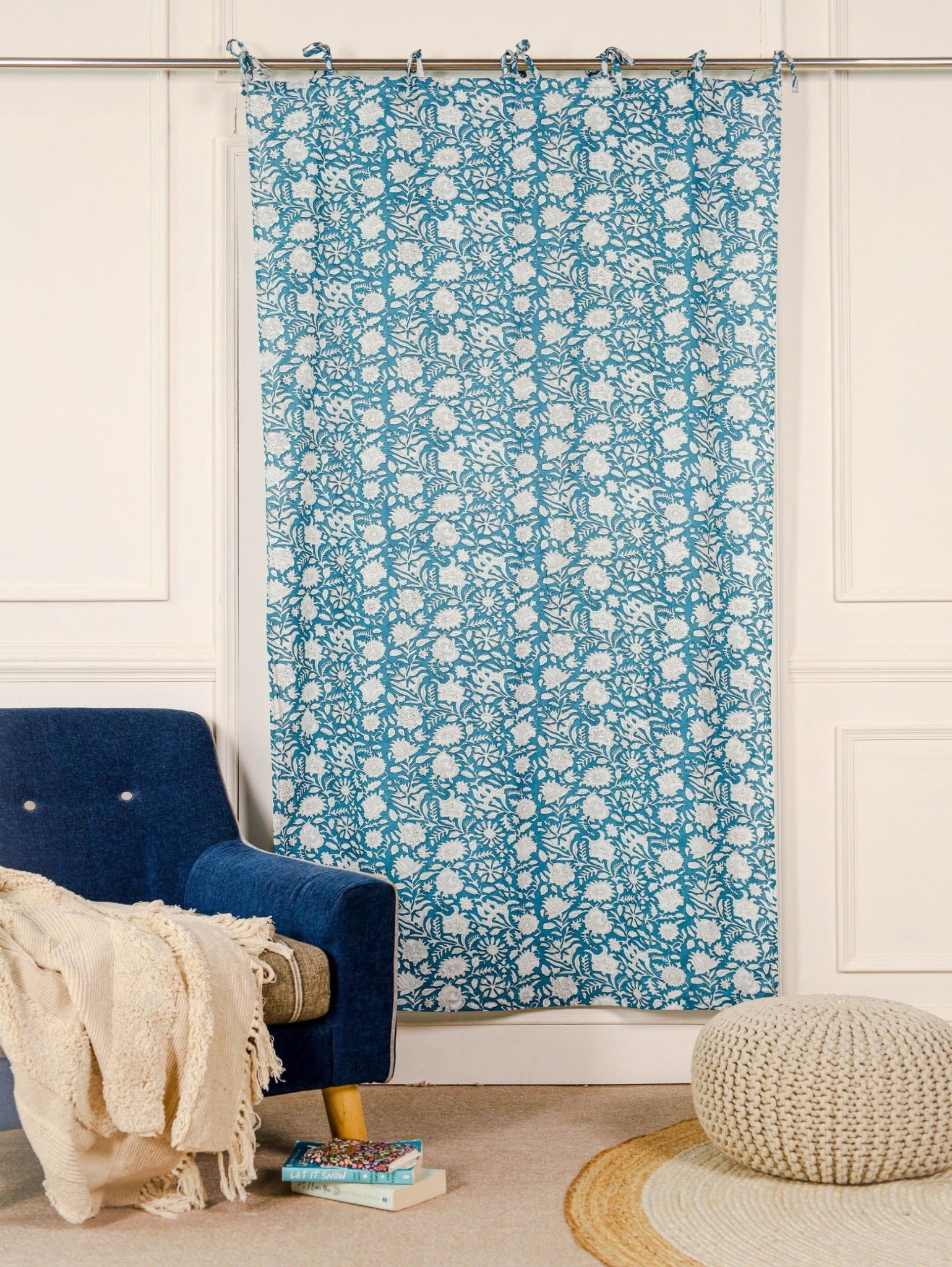 Blue Floral Printed Curtain - 1 Panel Set