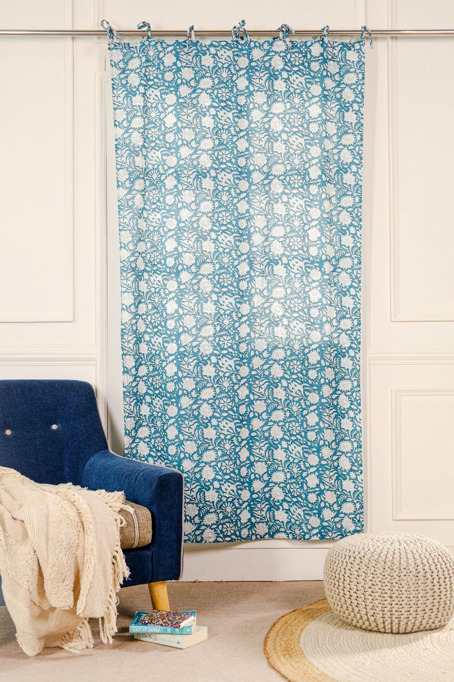 Blue Floral Printed Curtain - 1 Panel Set