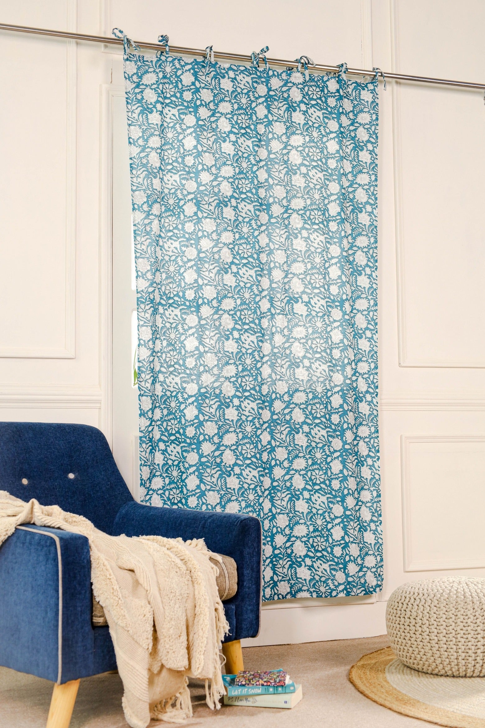 Blue Floral Printed Curtain - 1 Panel Set