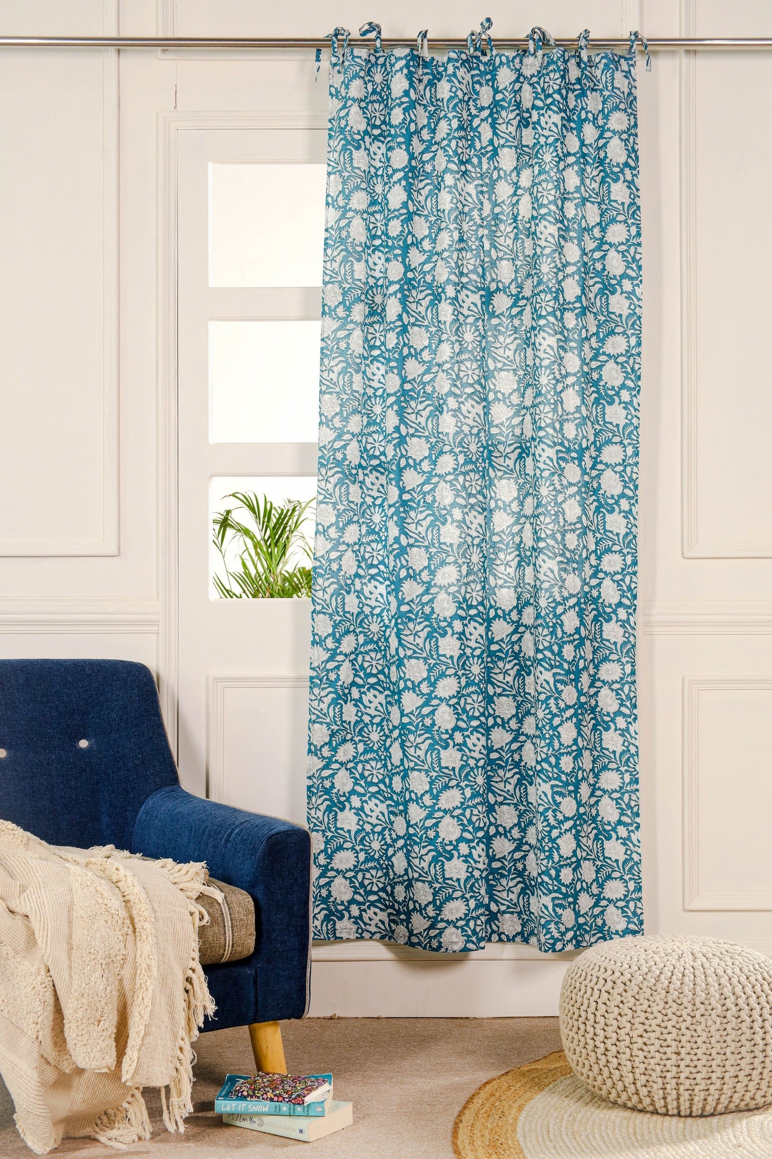 Blue Floral Printed Curtain - 1 Panel Set