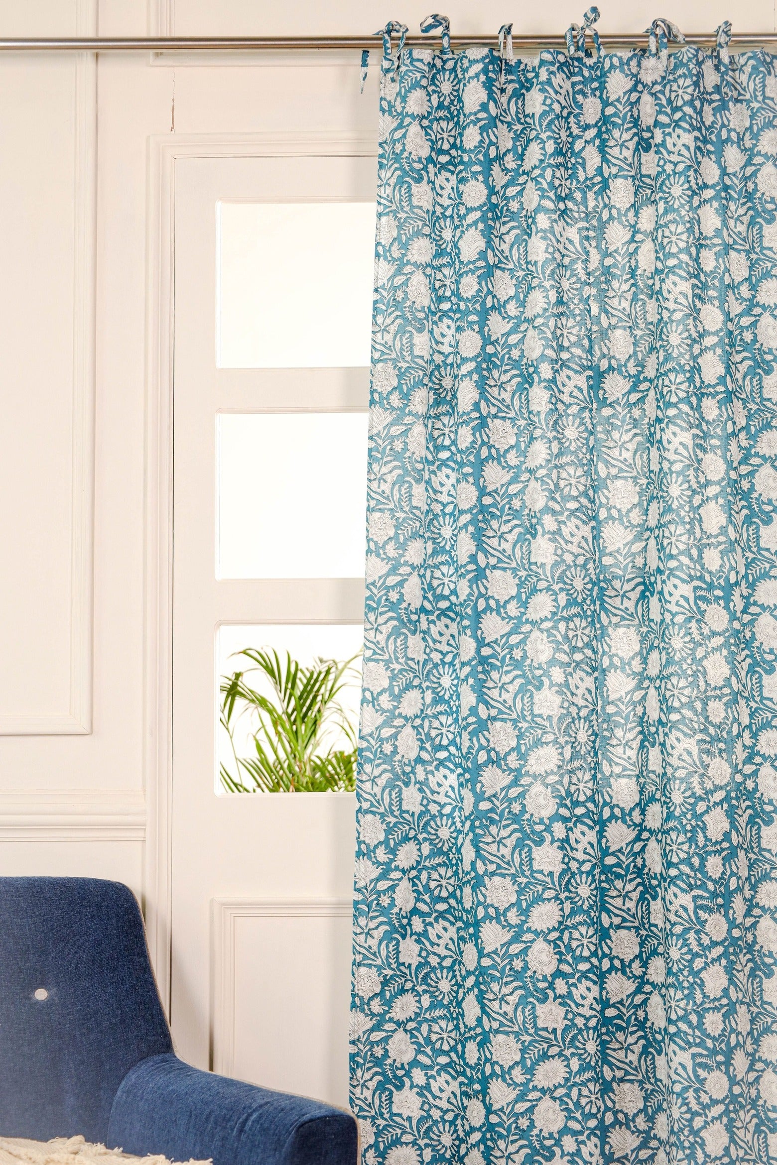 Blue Floral Printed Curtain - 1 Panel Set