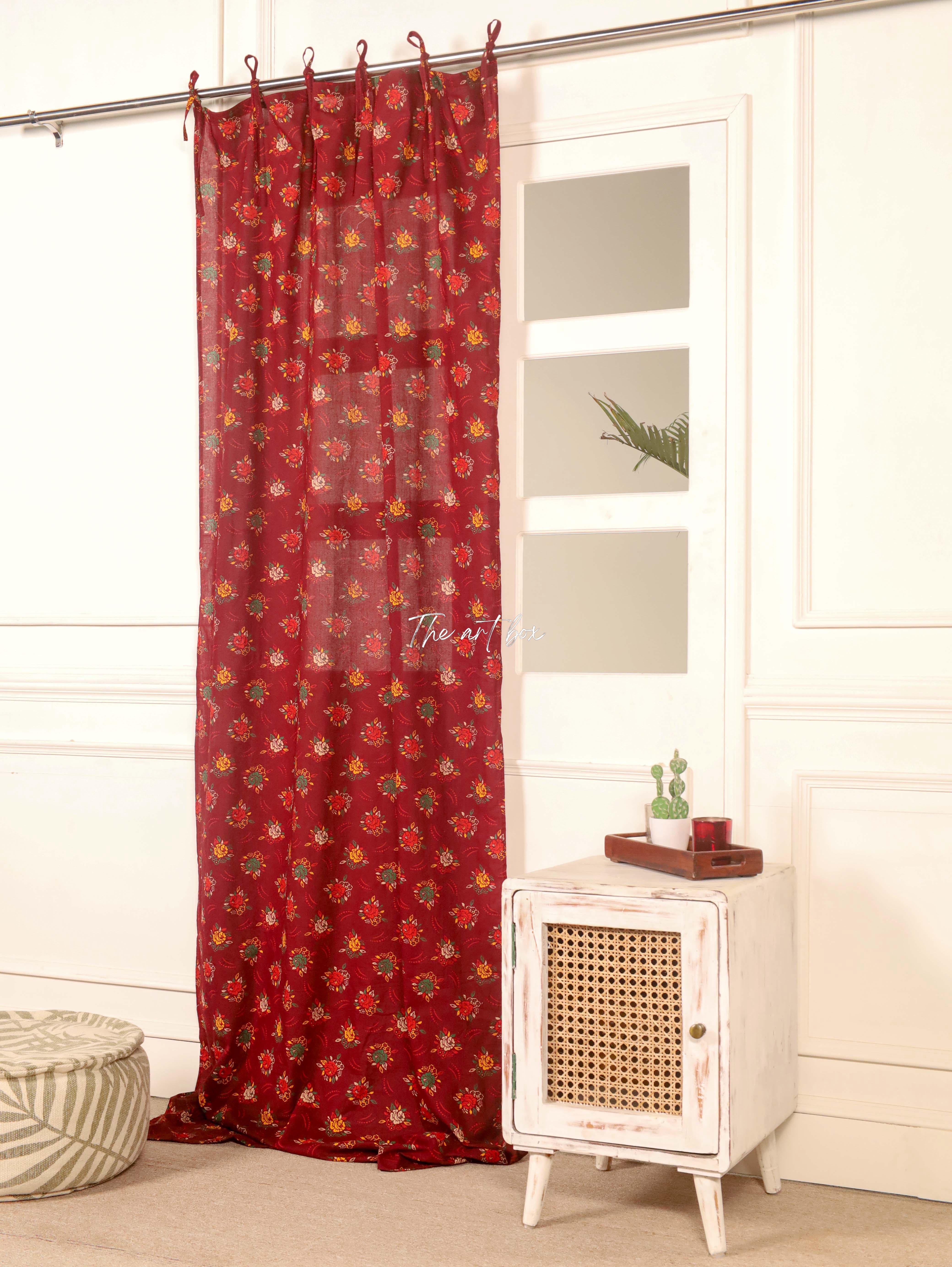 Red Printed Floral Cotton Curtains - 1 Panel Set