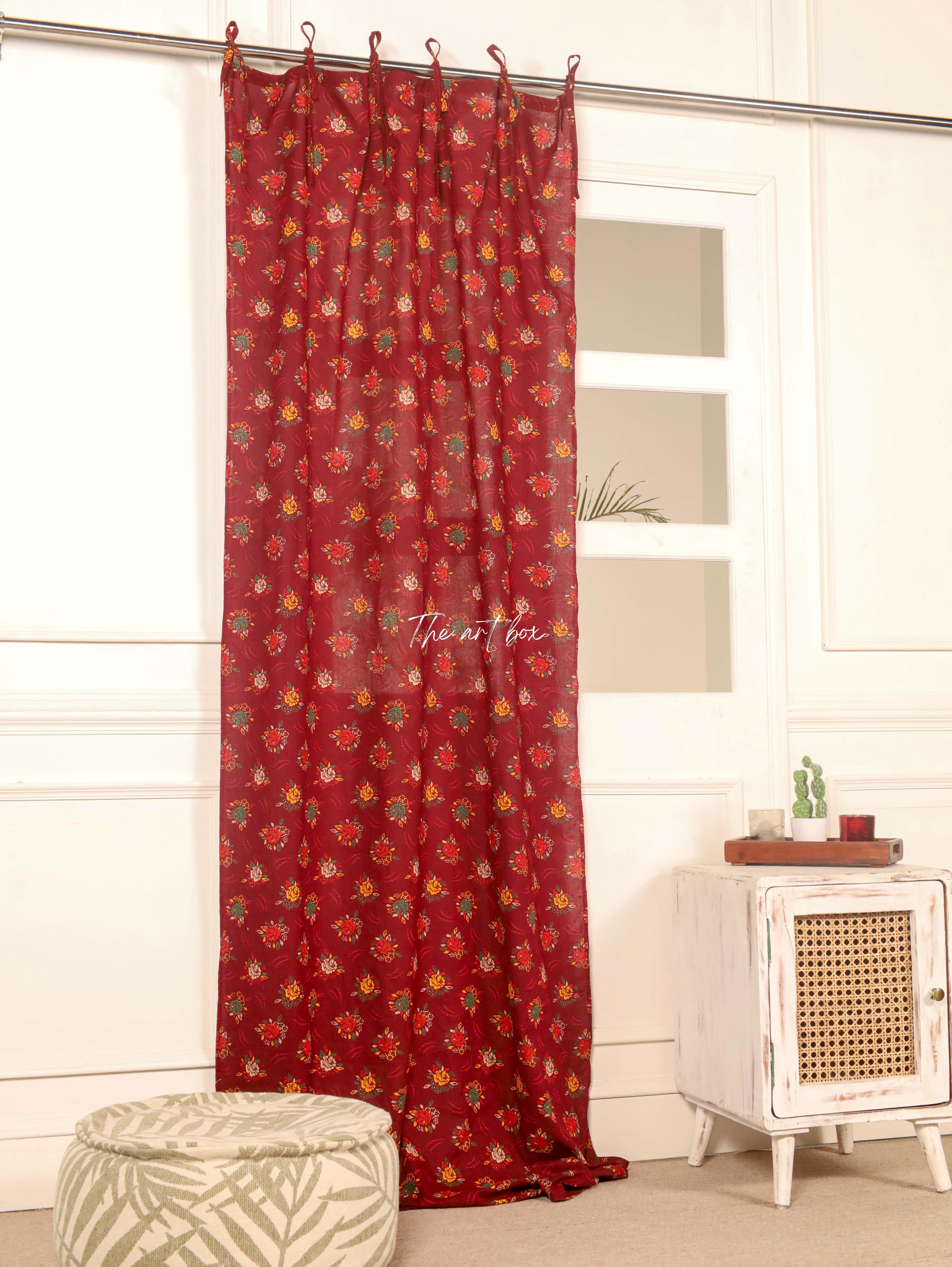 Red Printed Floral Cotton Curtains - 1 Panel Set