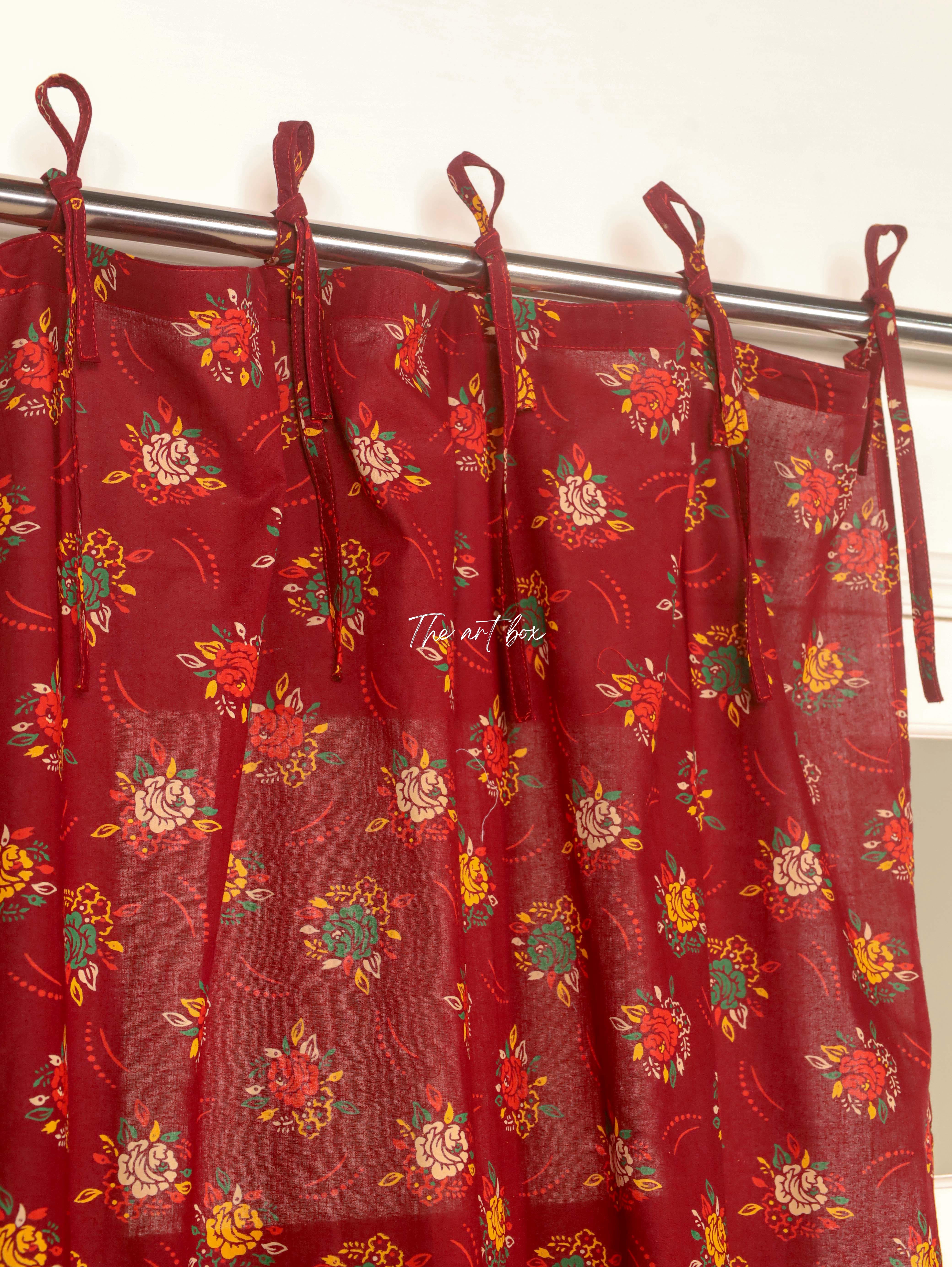 Red Printed Floral Cotton Curtains - 1 Panel Set