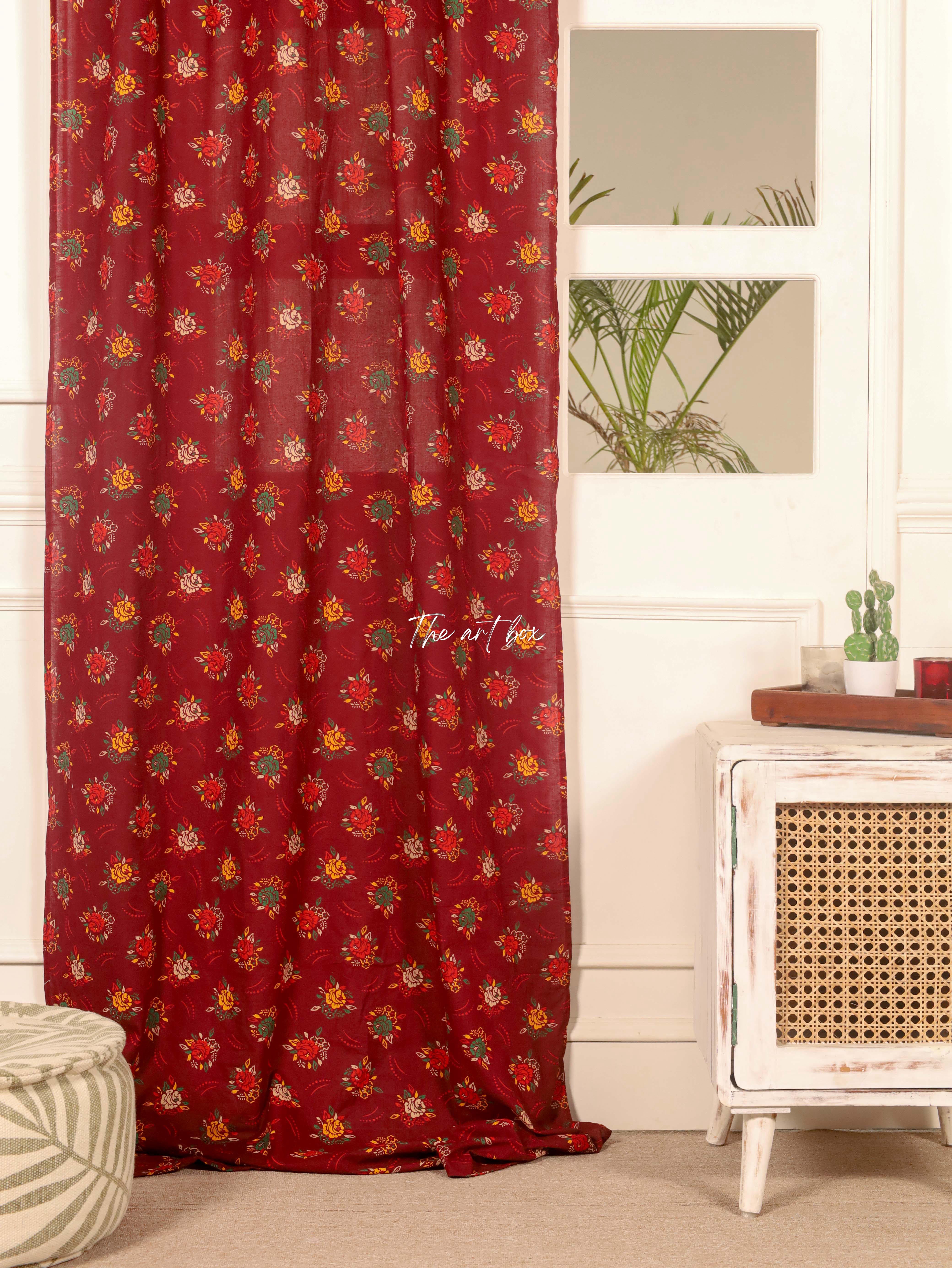 Red Printed Floral Cotton Curtains - 1 Panel Set