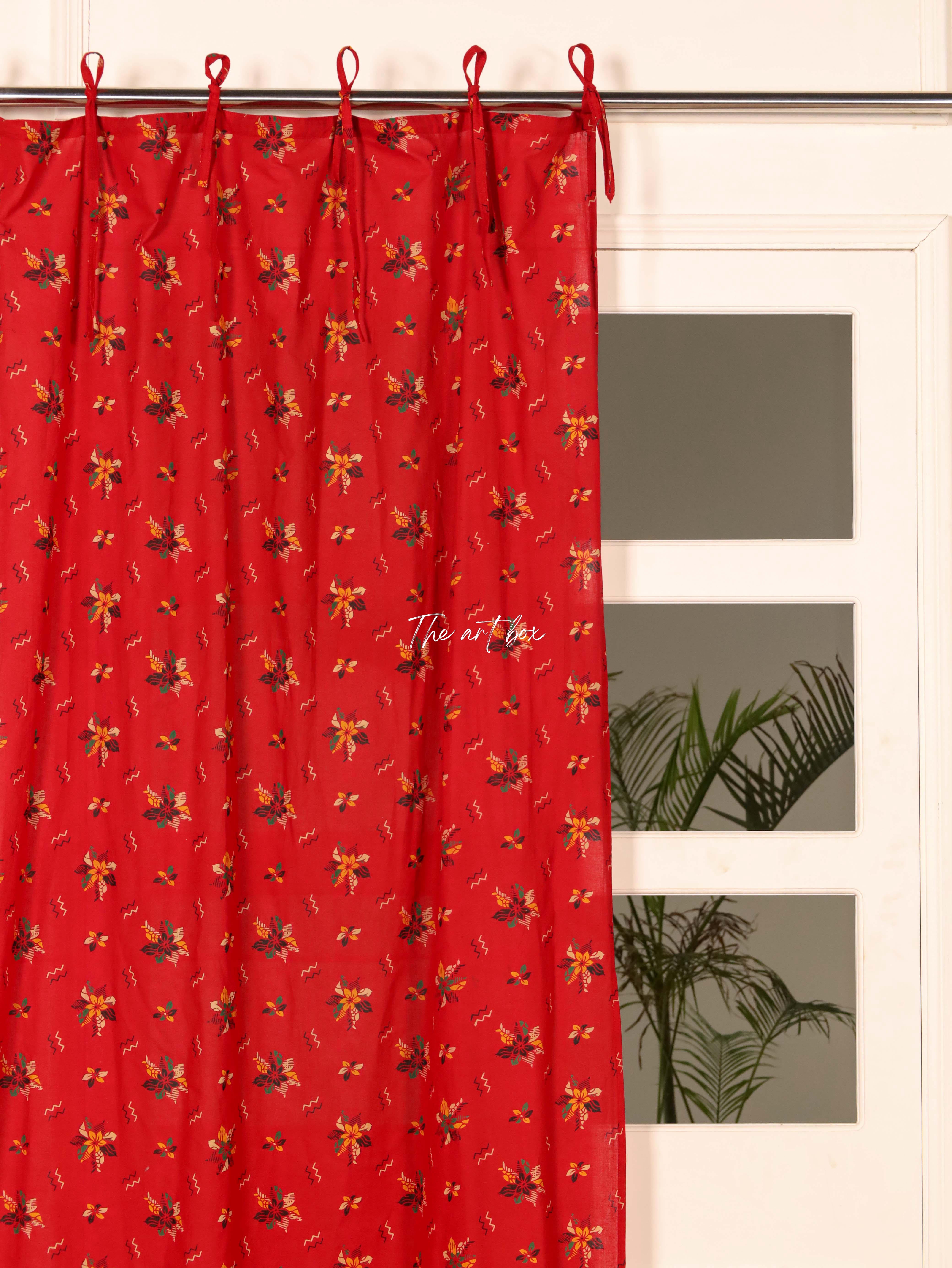 Red Printed Floral Pure Cotton Curtains - 1 Panel Set