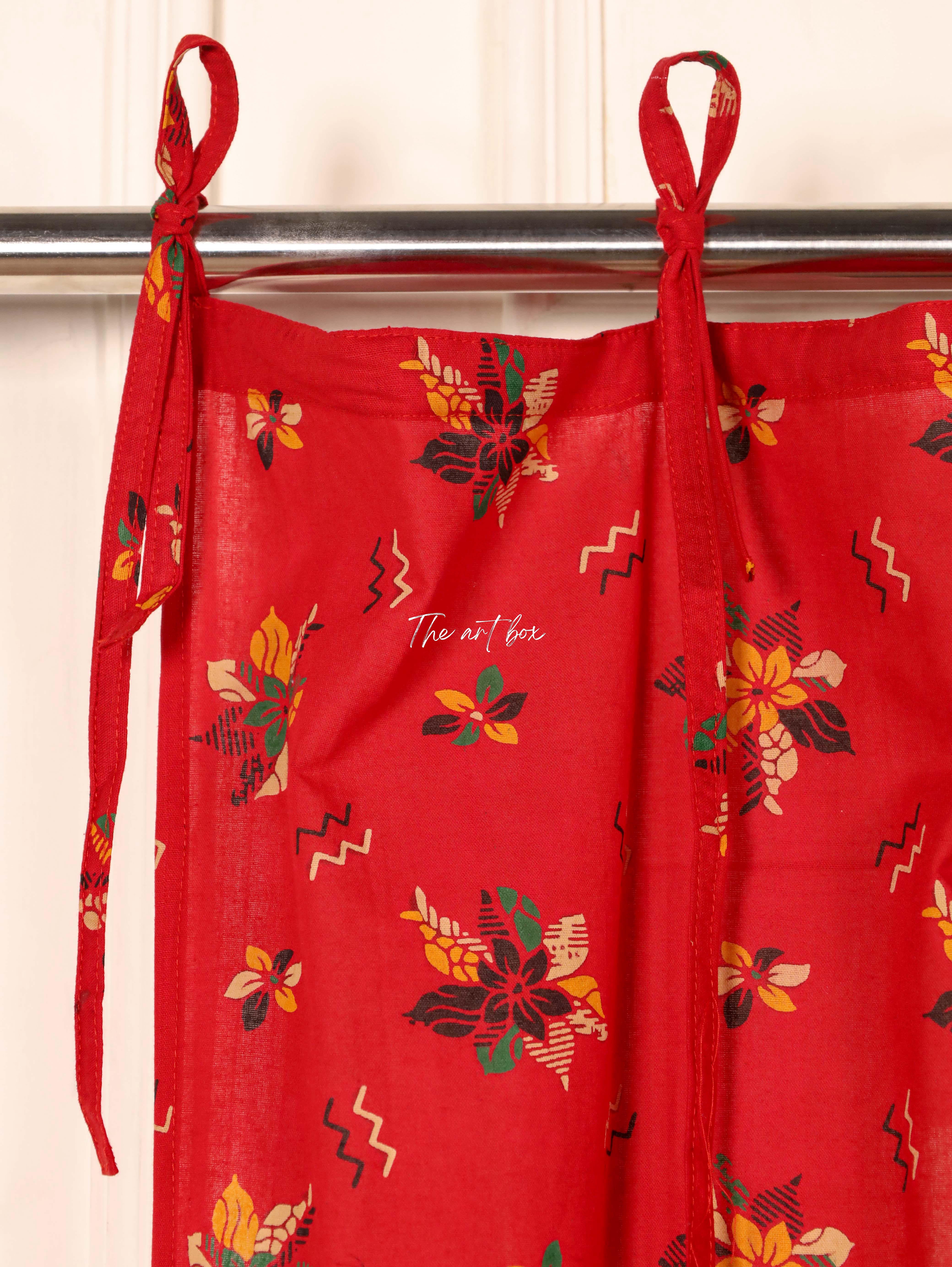 Red Printed Floral Pure Cotton Curtains - 1 Panel Set