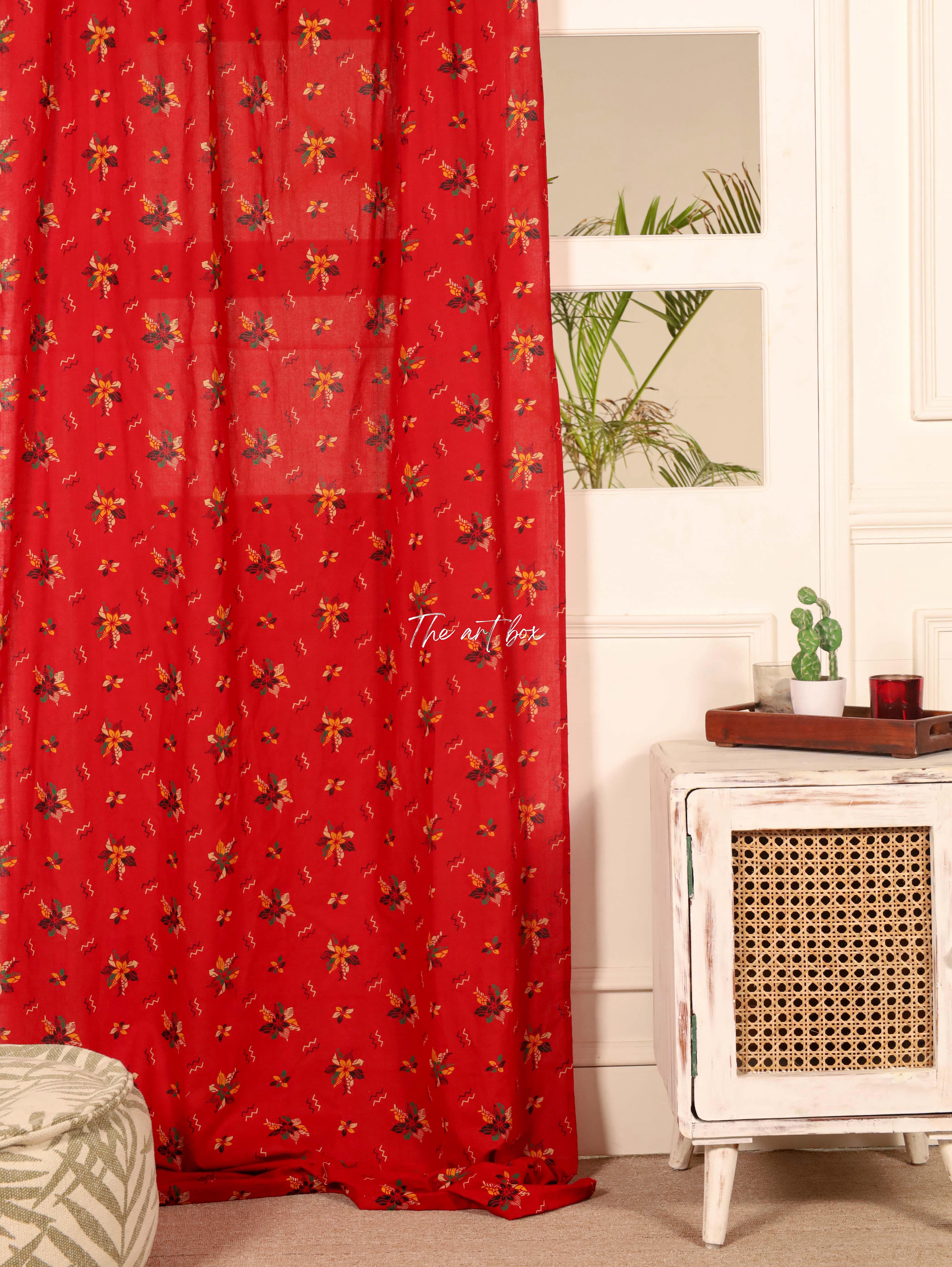 Red Printed Floral Pure Cotton Curtains - 1 Panel Set