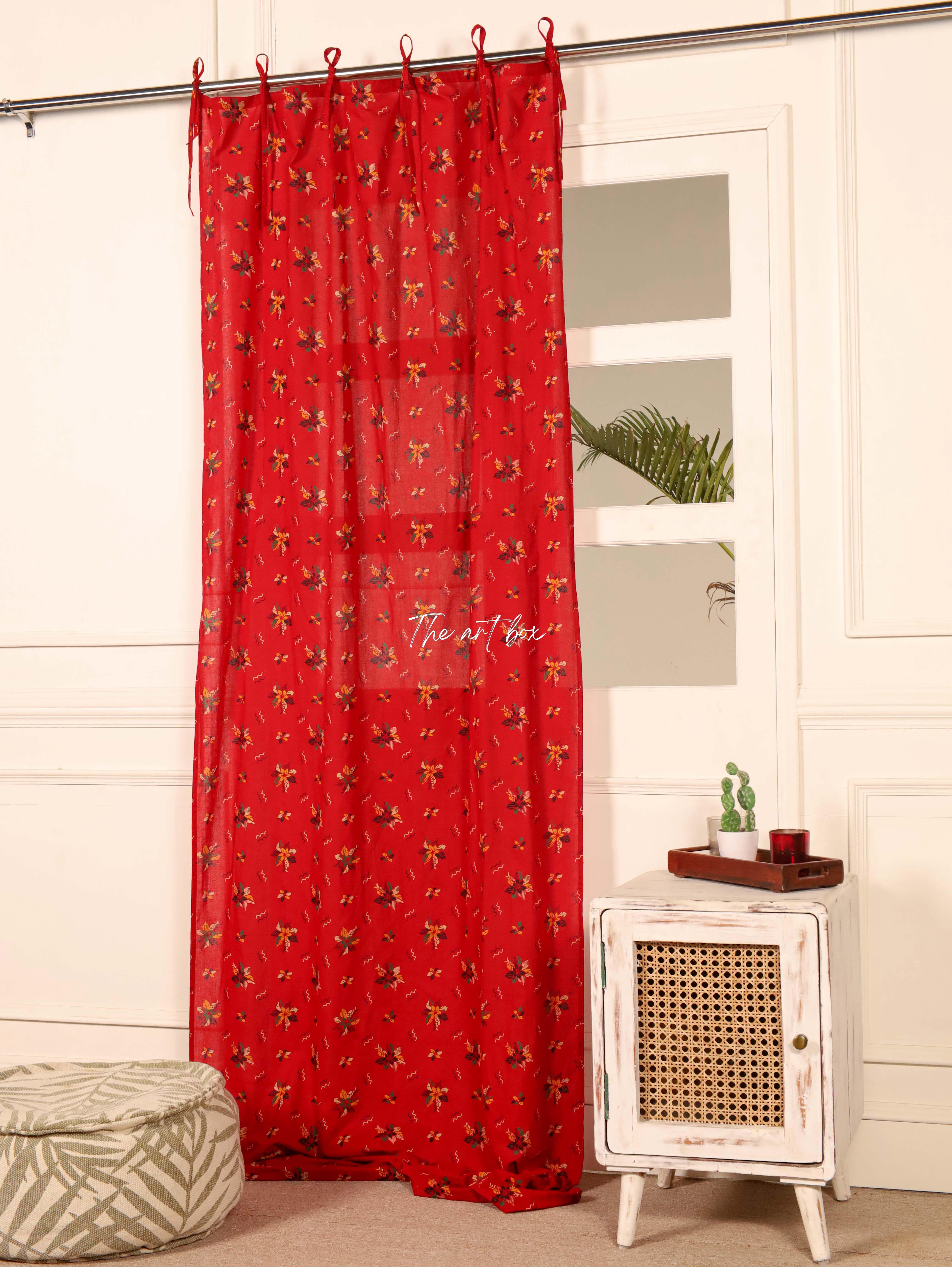 Red Printed Floral Pure Cotton Curtains - 1 Panel Set