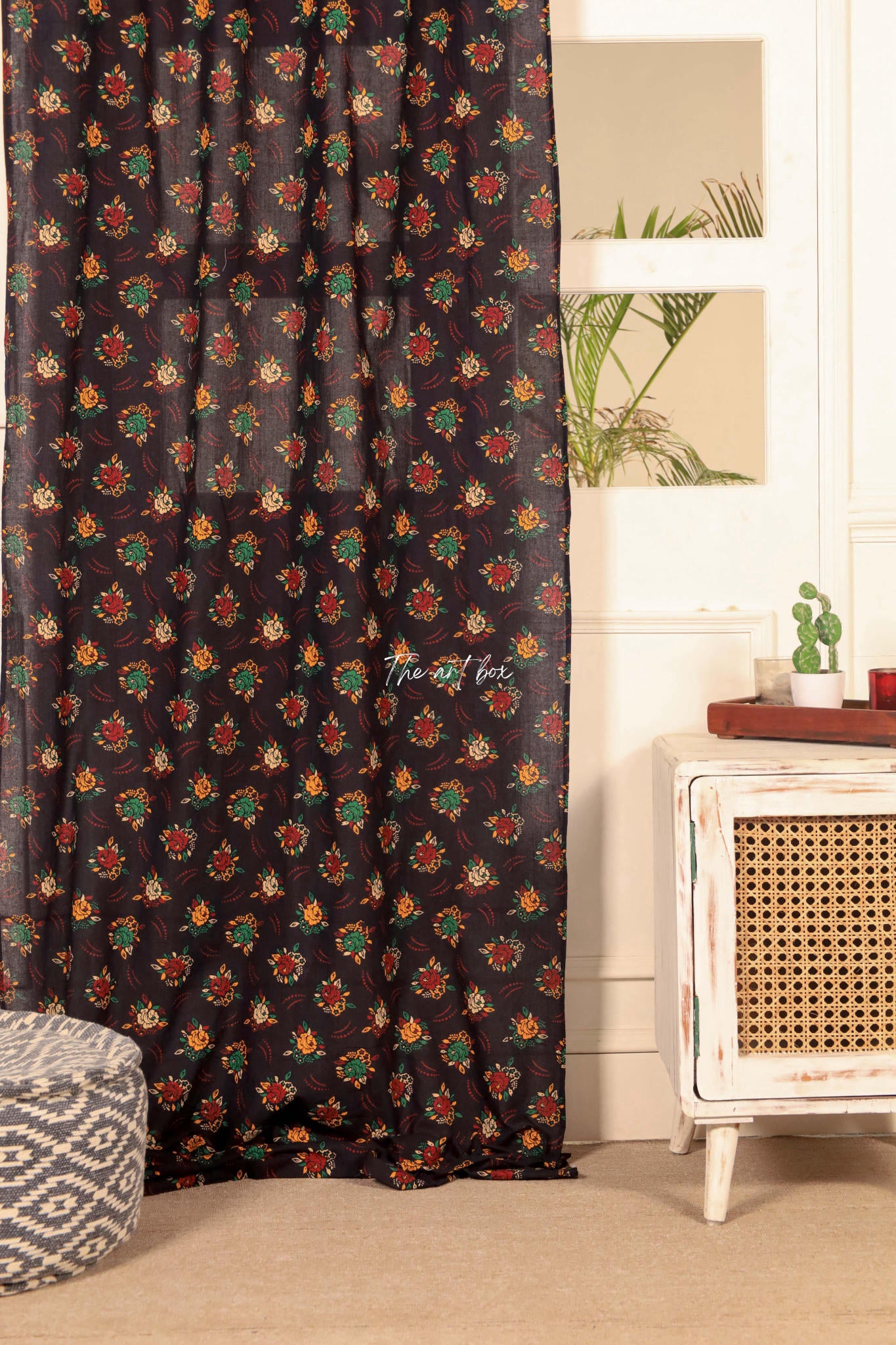 Black Floral Curtains - 1 Panel Set