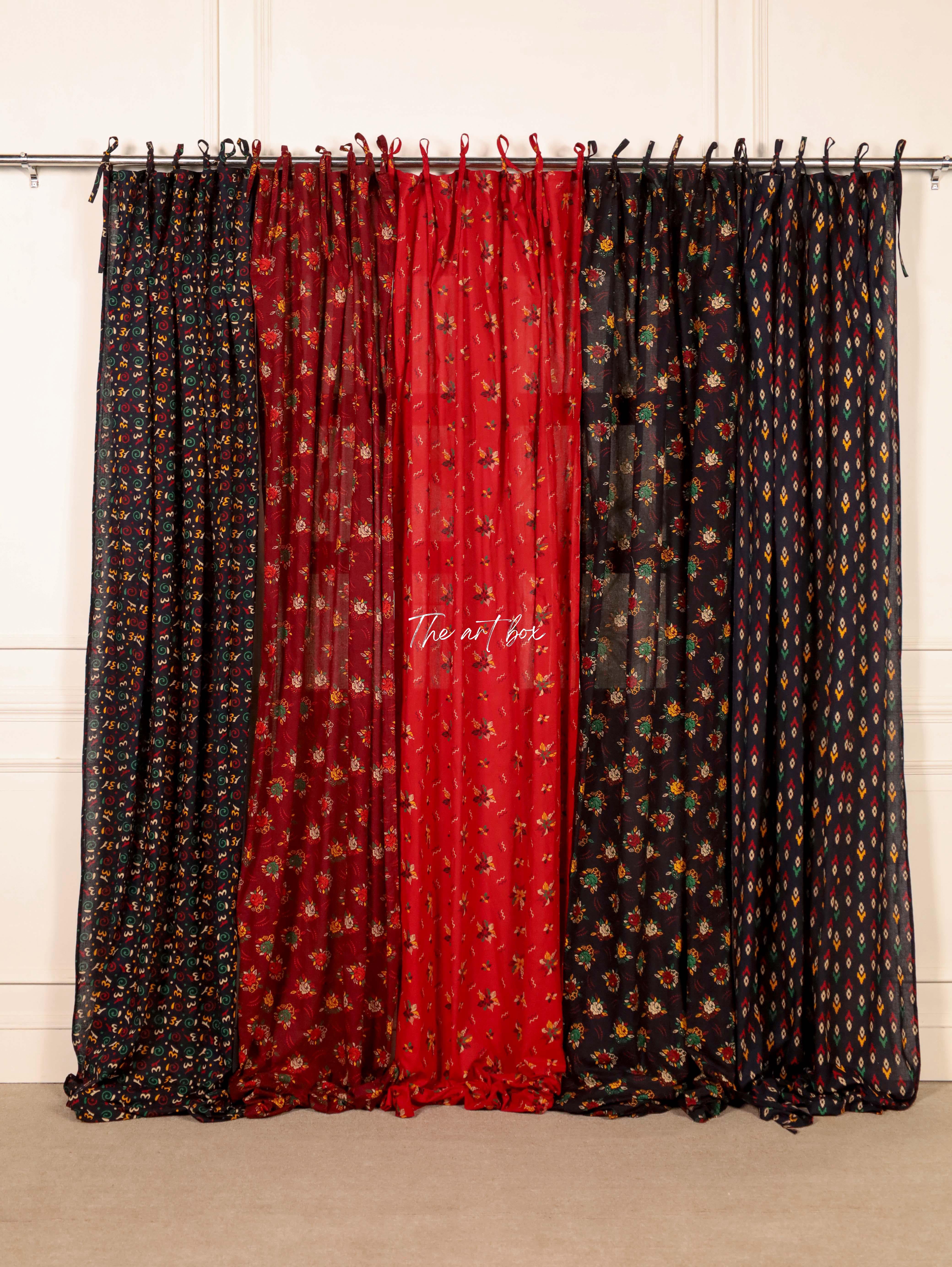 Red Printed Floral Pure Cotton Curtains - 1 Panel Set