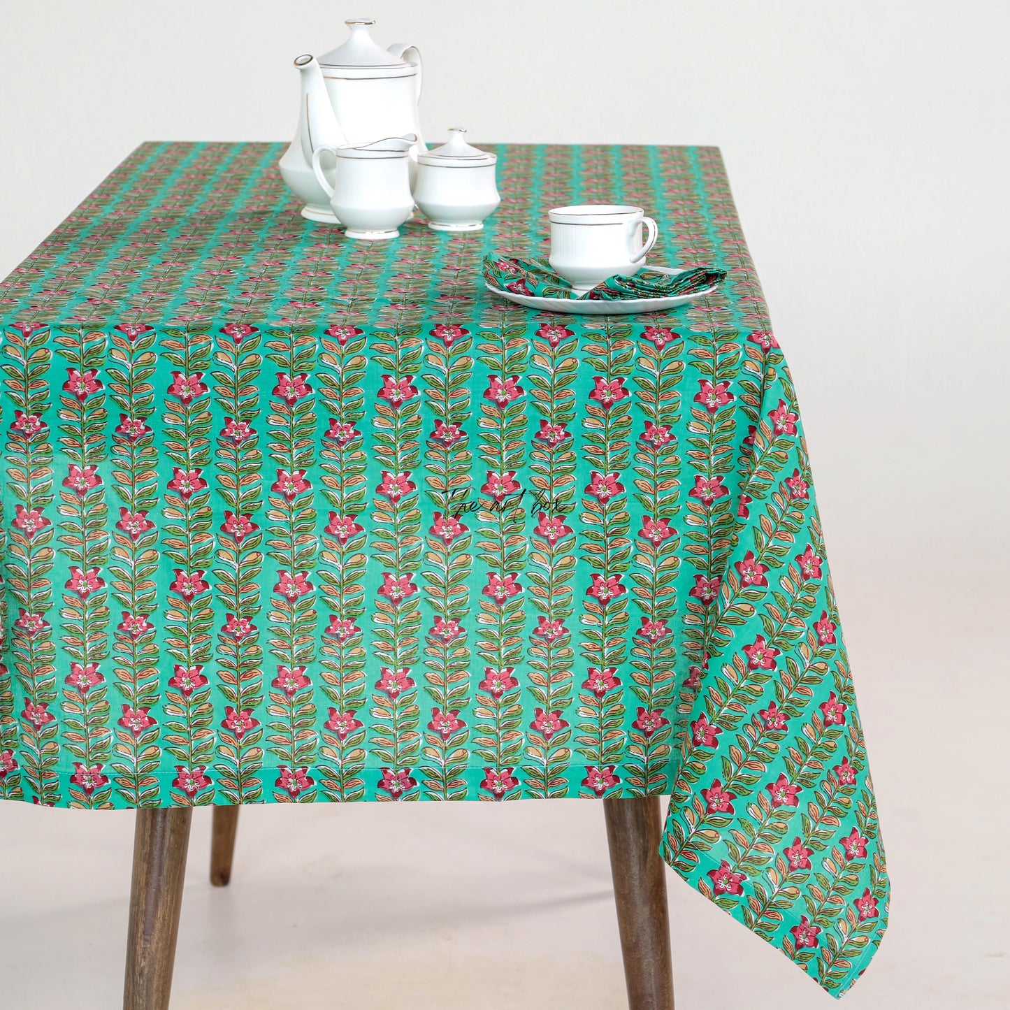 Green Floral Cotton Printed Table Cover  | Luxurious Dining, Living Room Table Covers