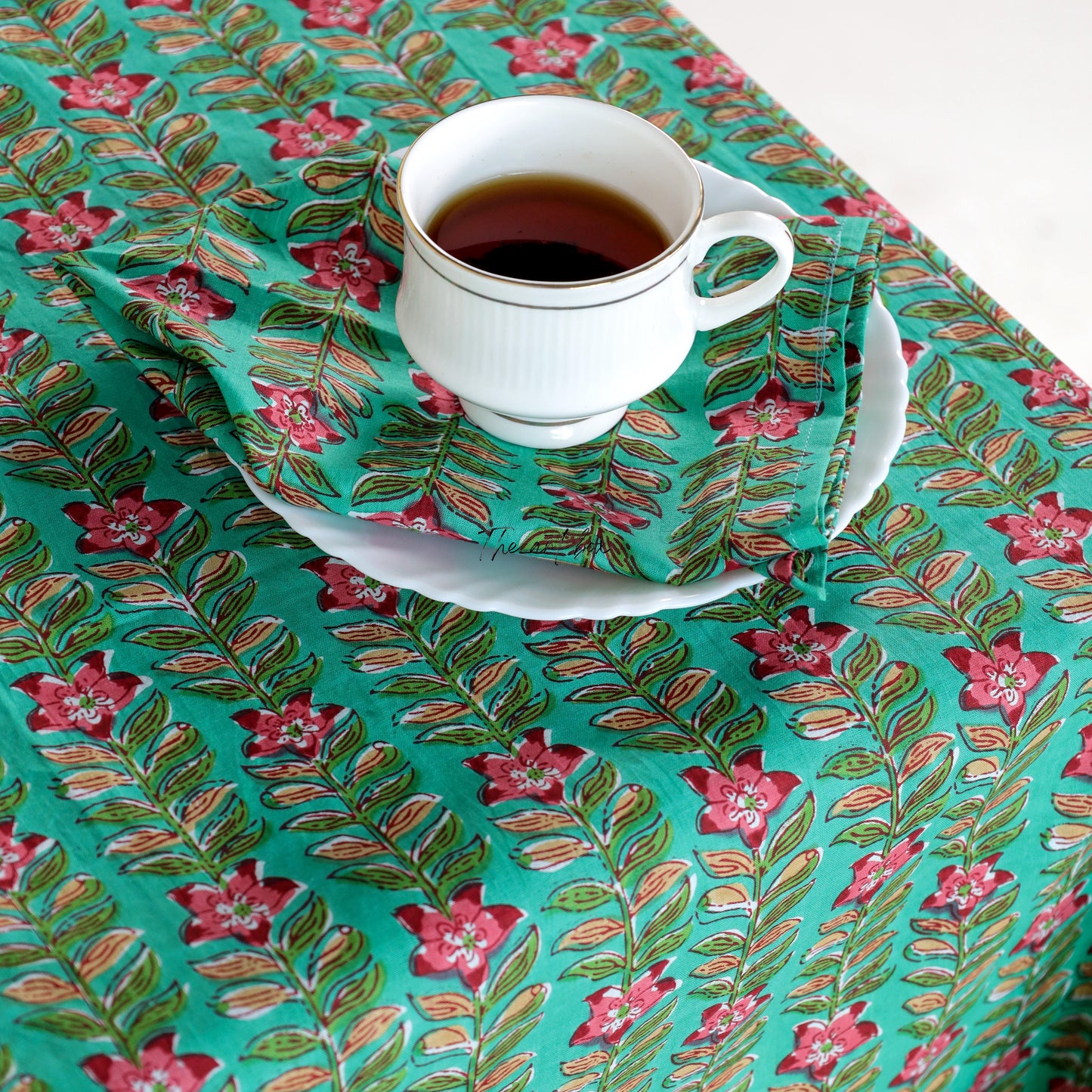 Green Floral Cotton Printed Table Cover  | Luxurious Dining, Living Room Table Covers