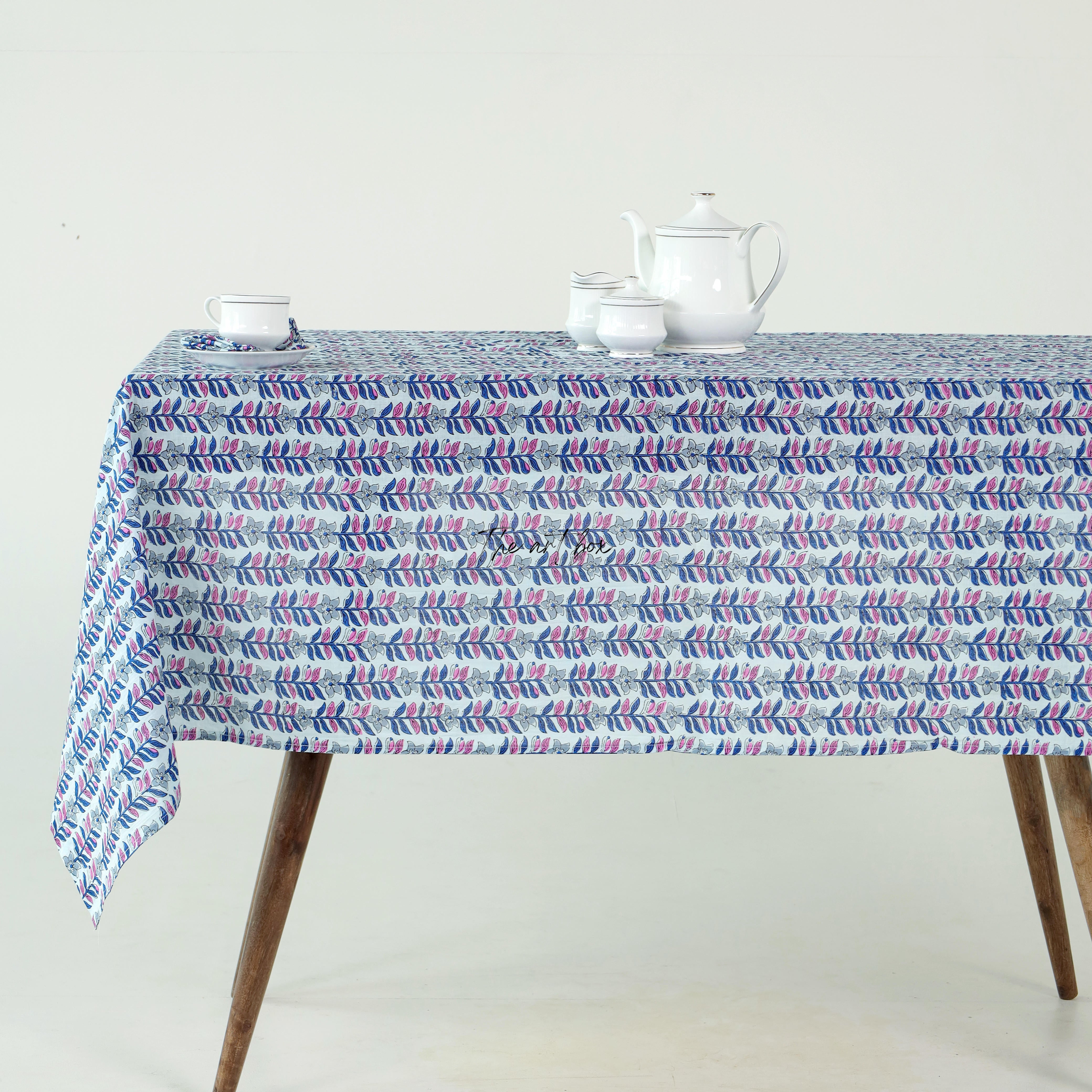 Blossom Elegance Aqua Floral Cotton Printed Table Cover