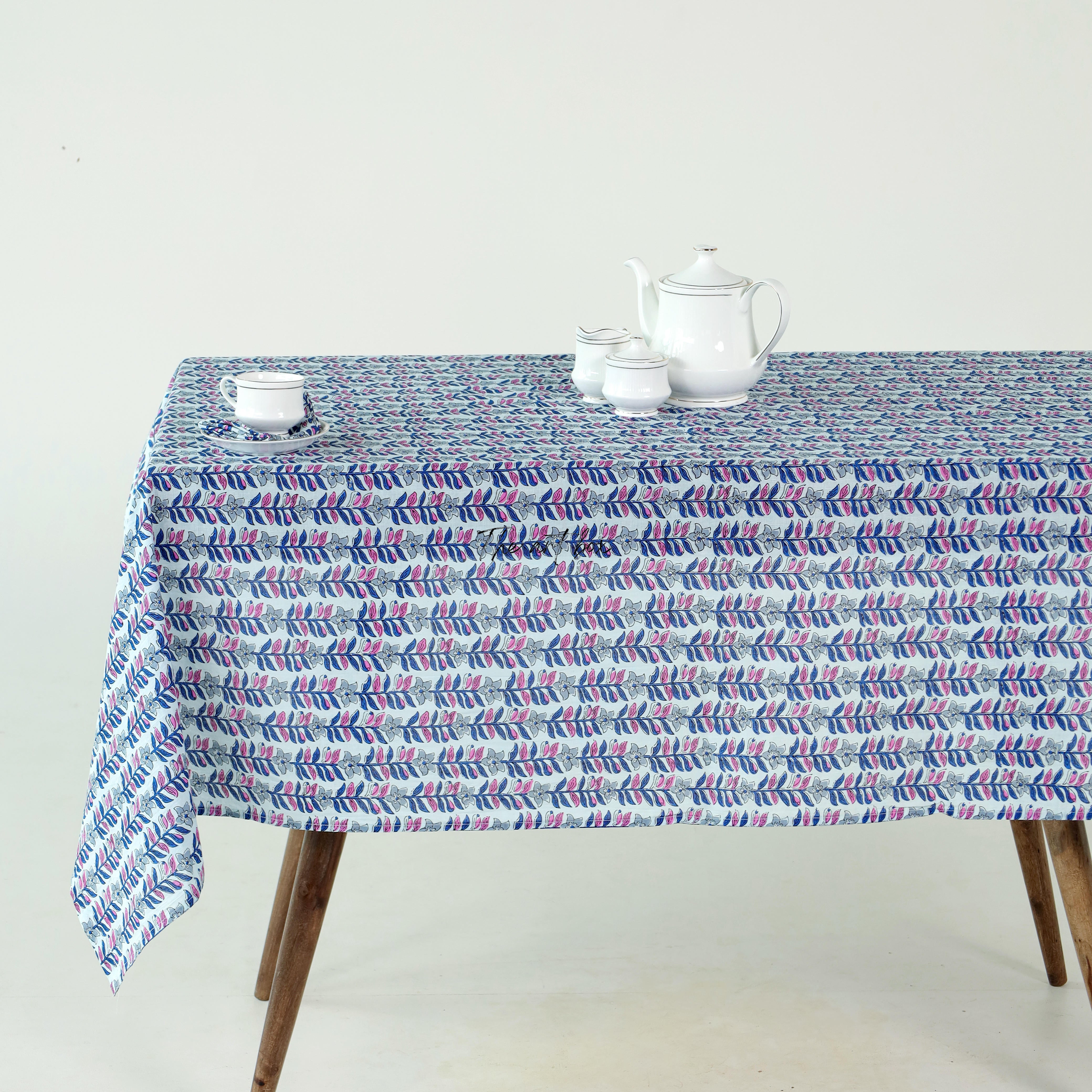 Blossom Elegance Aqua Floral Cotton Printed Table Cover