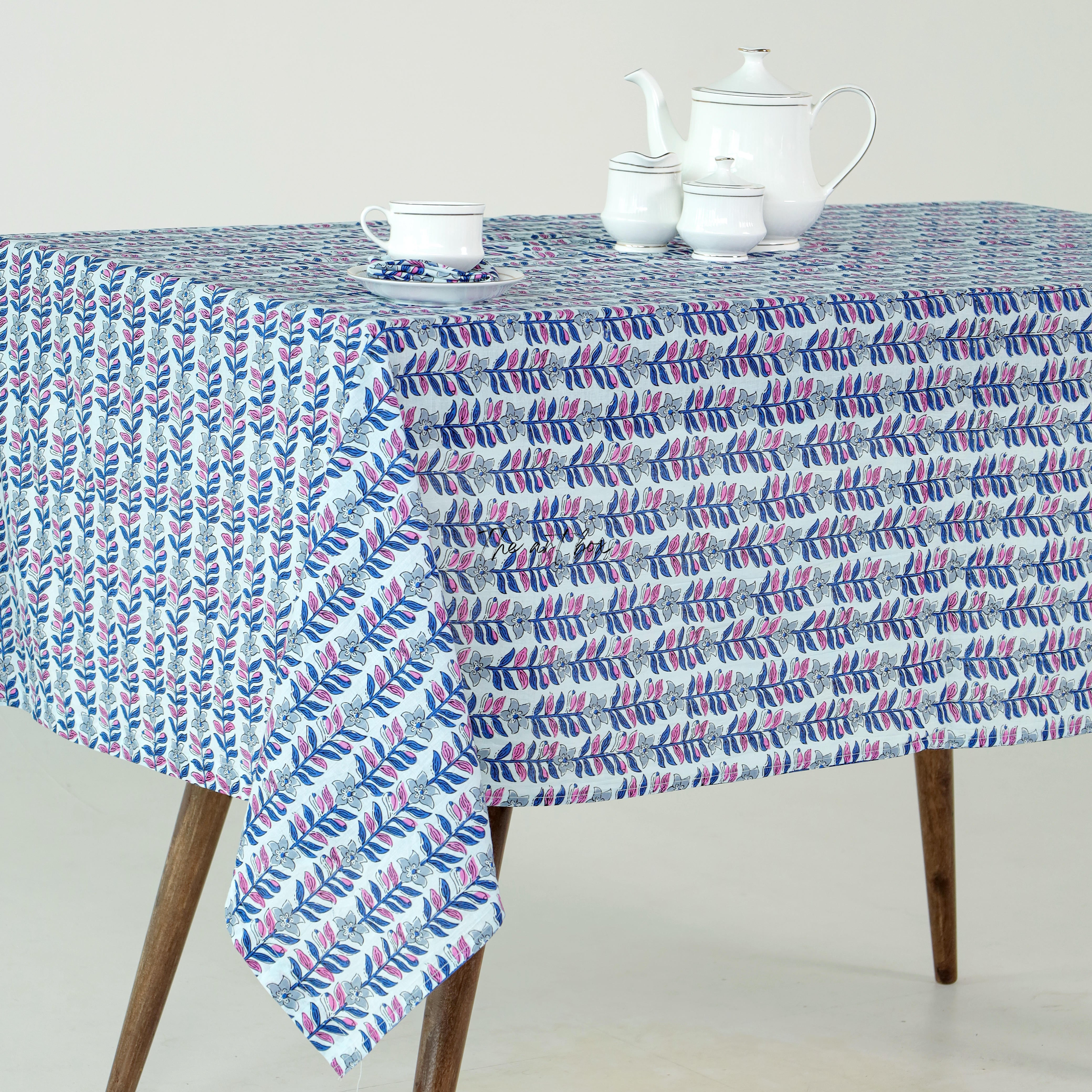 Blossom Elegance Aqua Floral Cotton Printed Table Cover