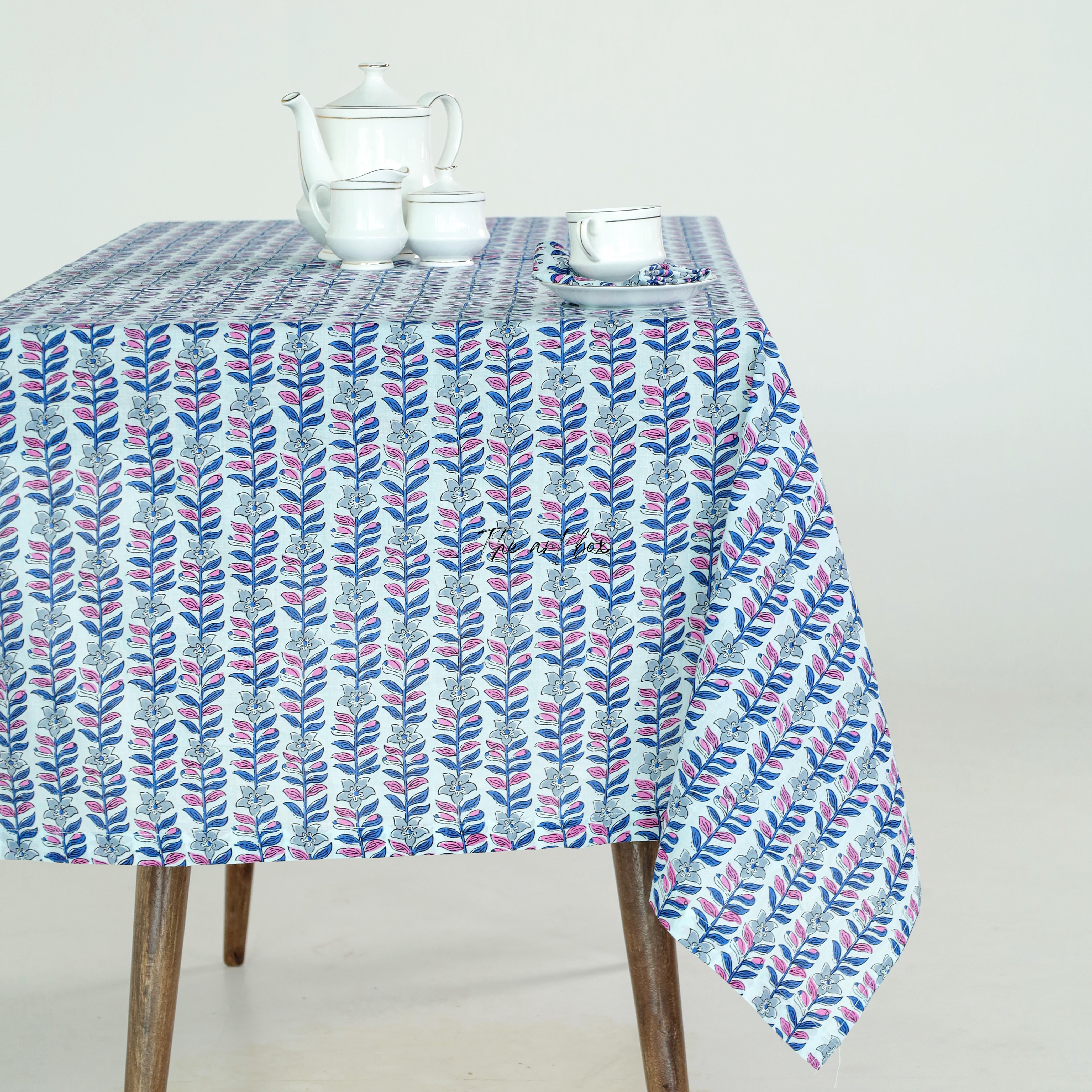 Blossom Elegance Aqua Floral Cotton Printed Table Cover