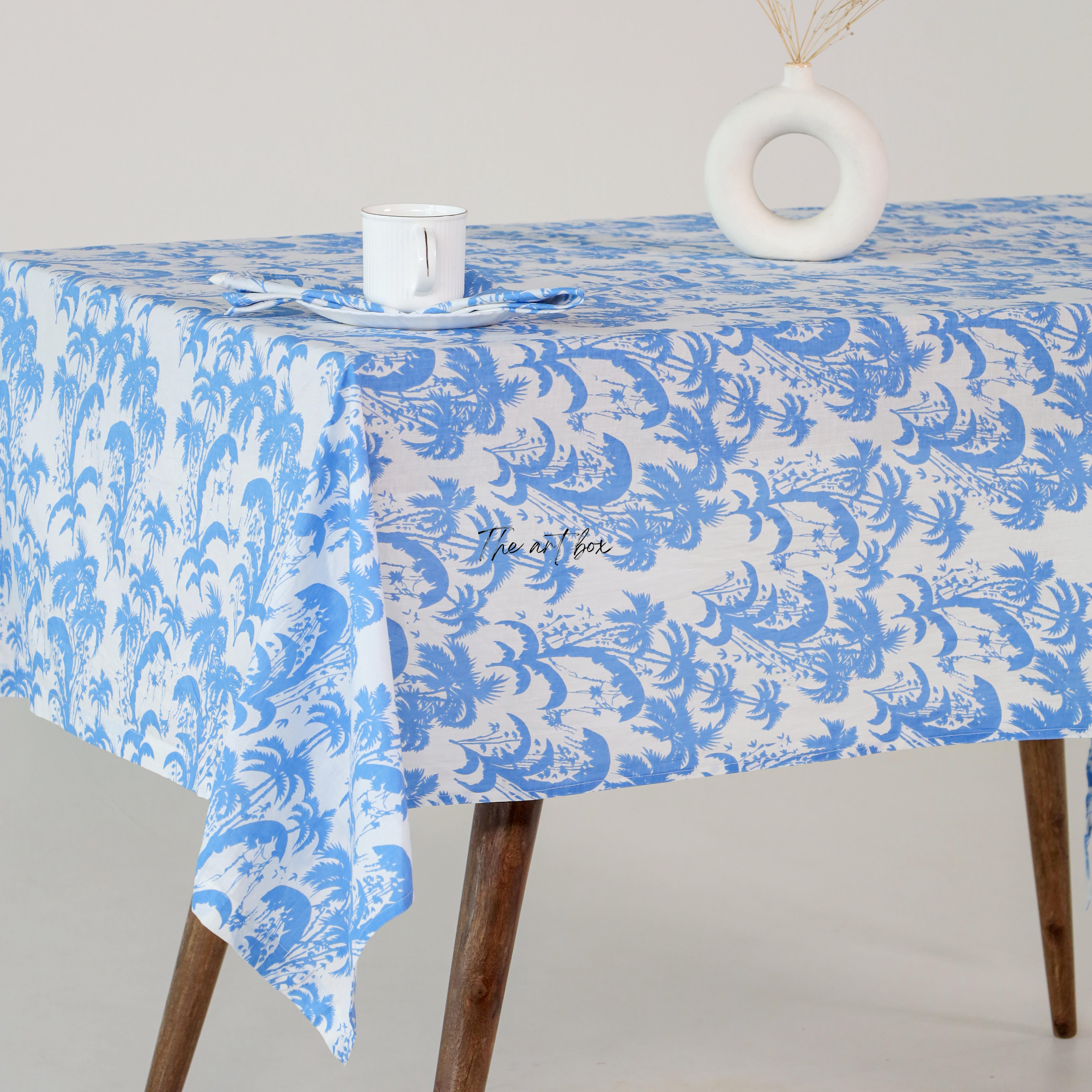 Sky Blue Floral Cotton Printed Table Covers