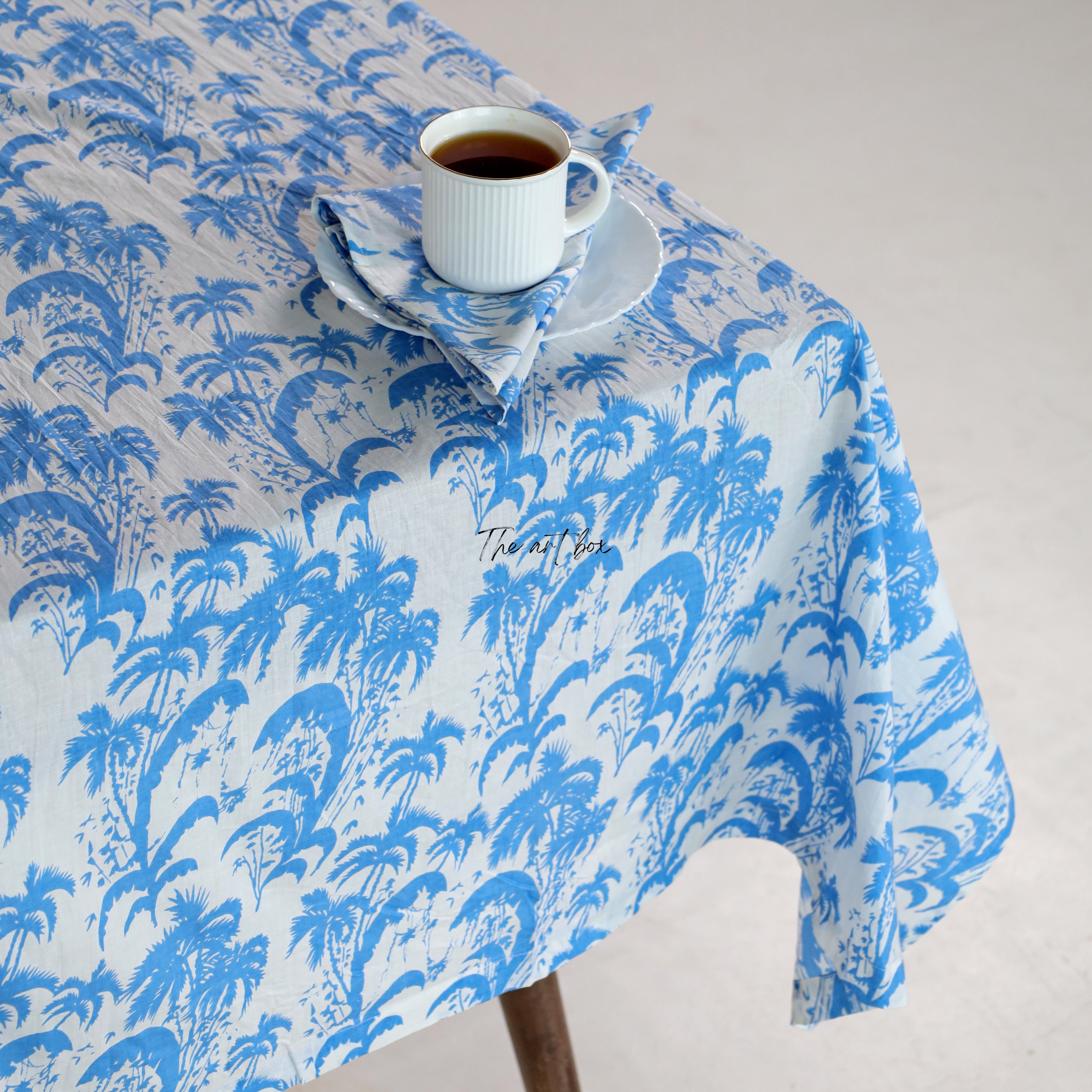 Sky Blue Floral Cotton Printed Table Covers