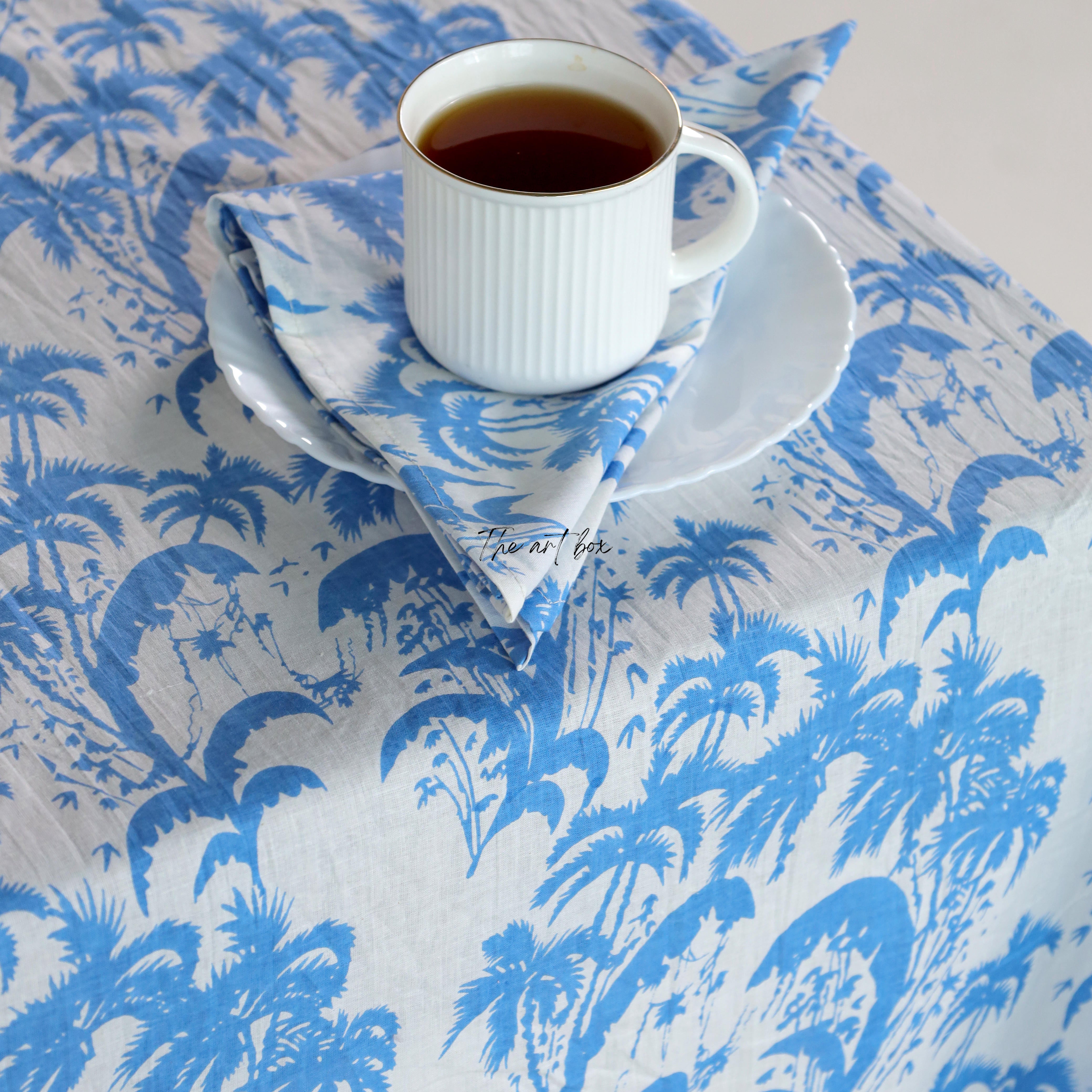 Sky Blue Floral Cotton Printed Table Covers