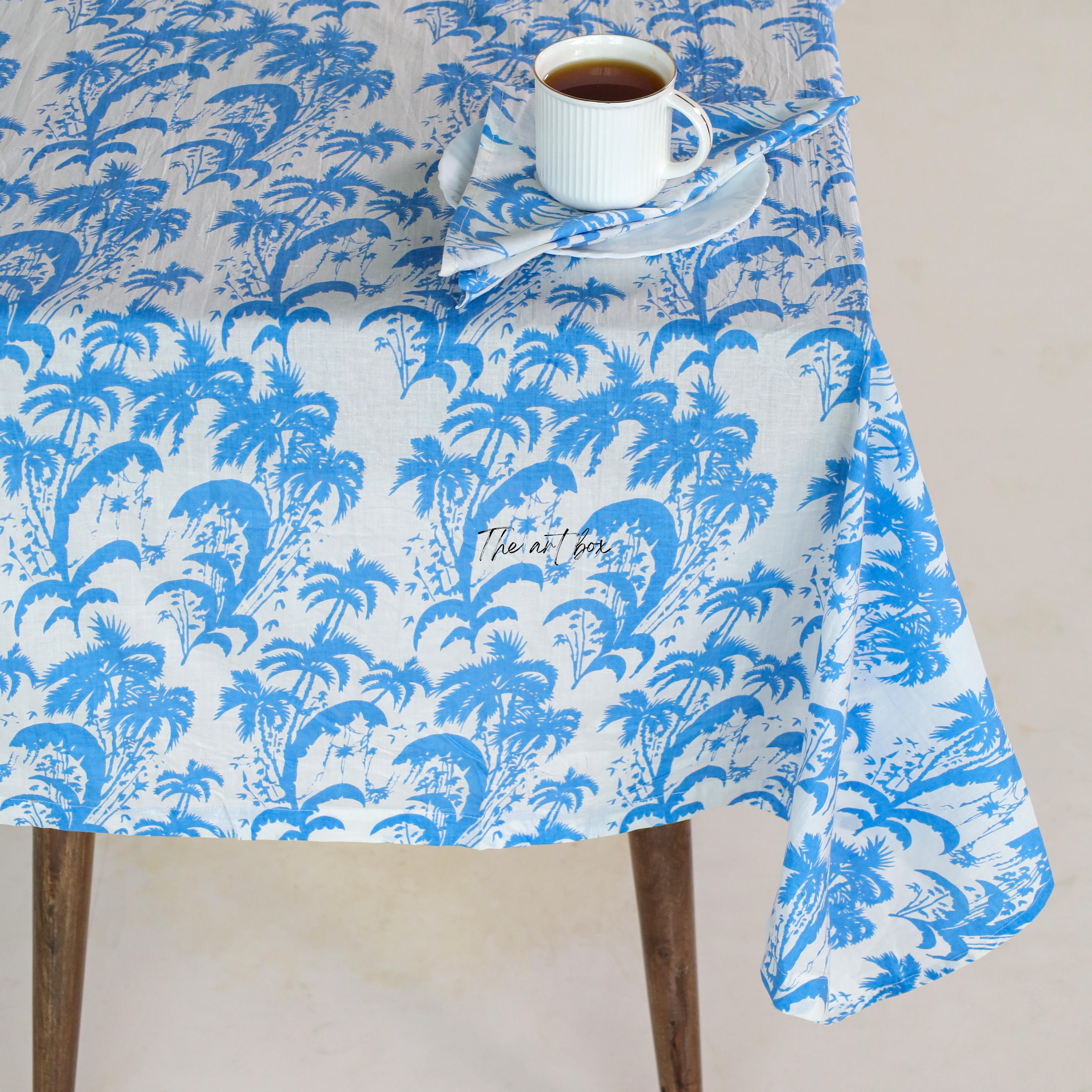 Sky Blue Floral Cotton Printed Table Covers