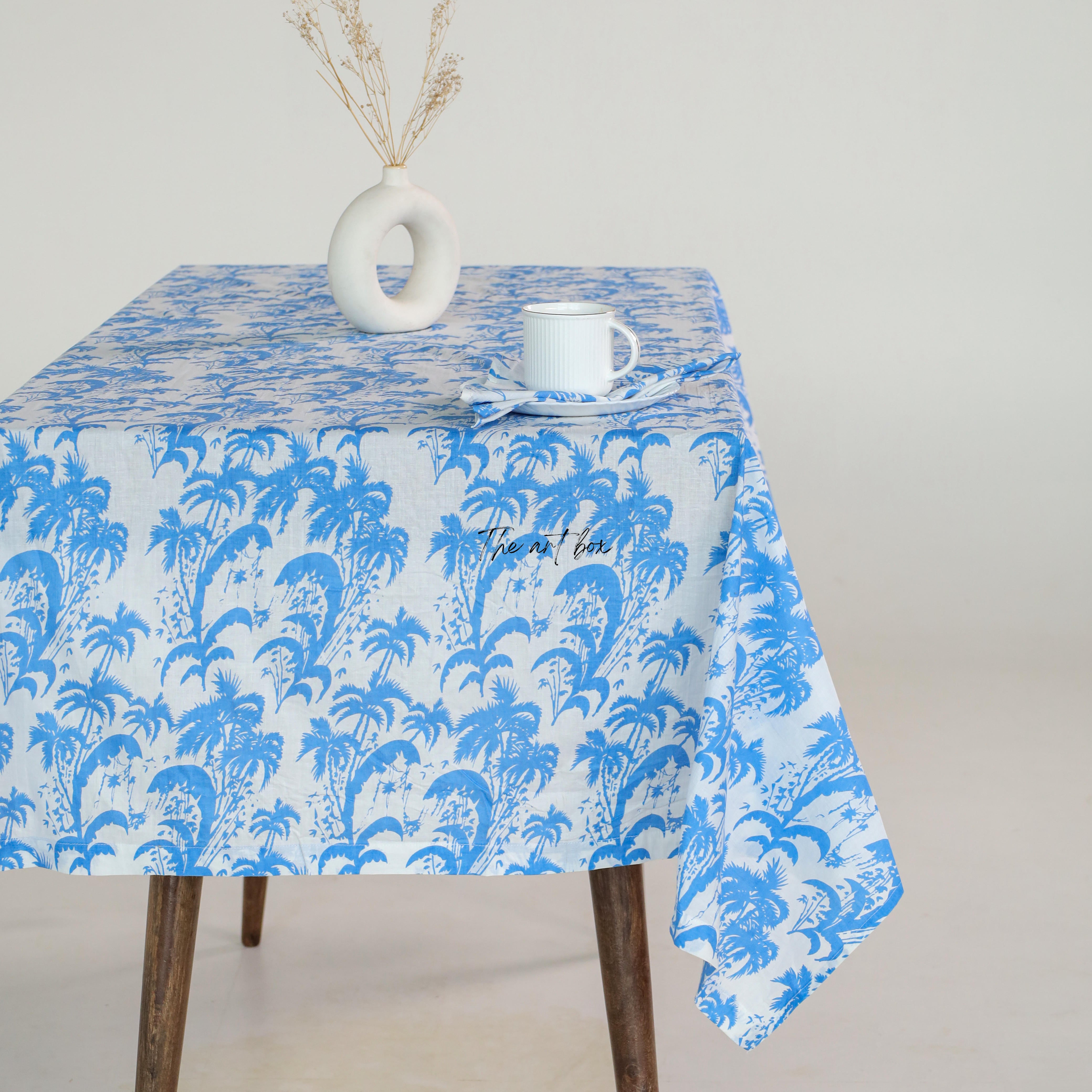 Sky Blue Floral Cotton Printed Table Covers