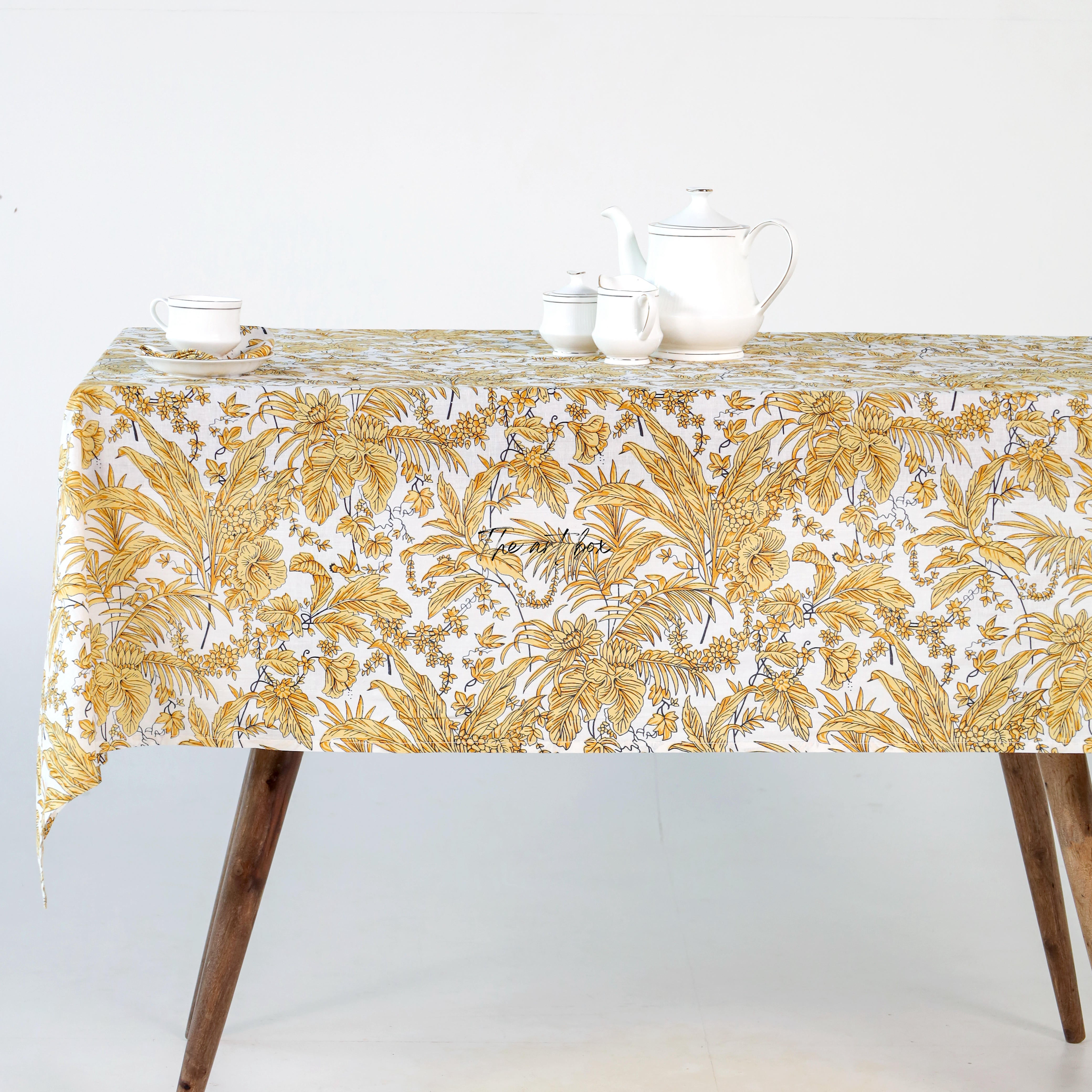 Light Yellow Printed Floral Cotton Table Cover