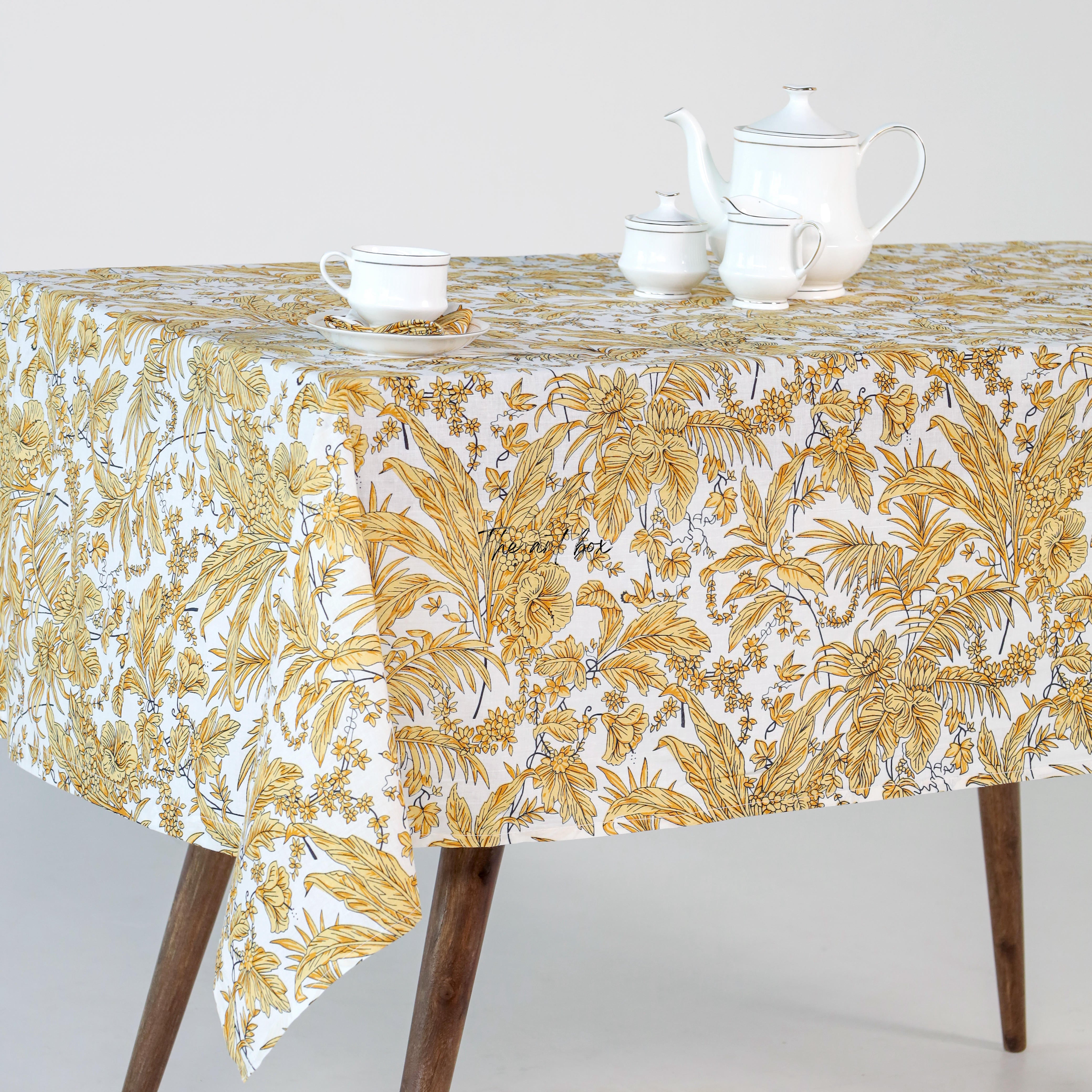 Light Yellow Printed Floral Cotton Table Cover