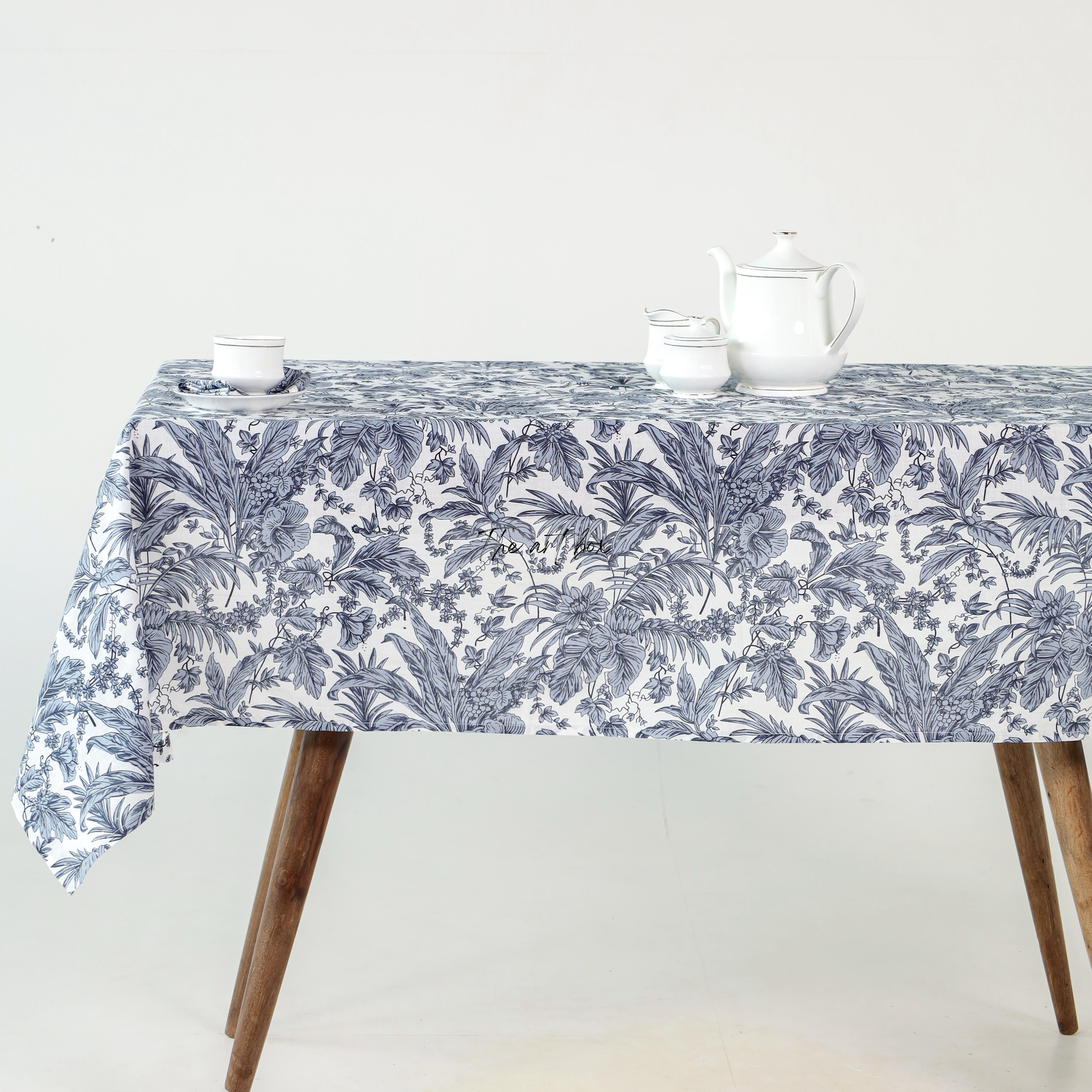 White Floral Printed Cotton Table Cover