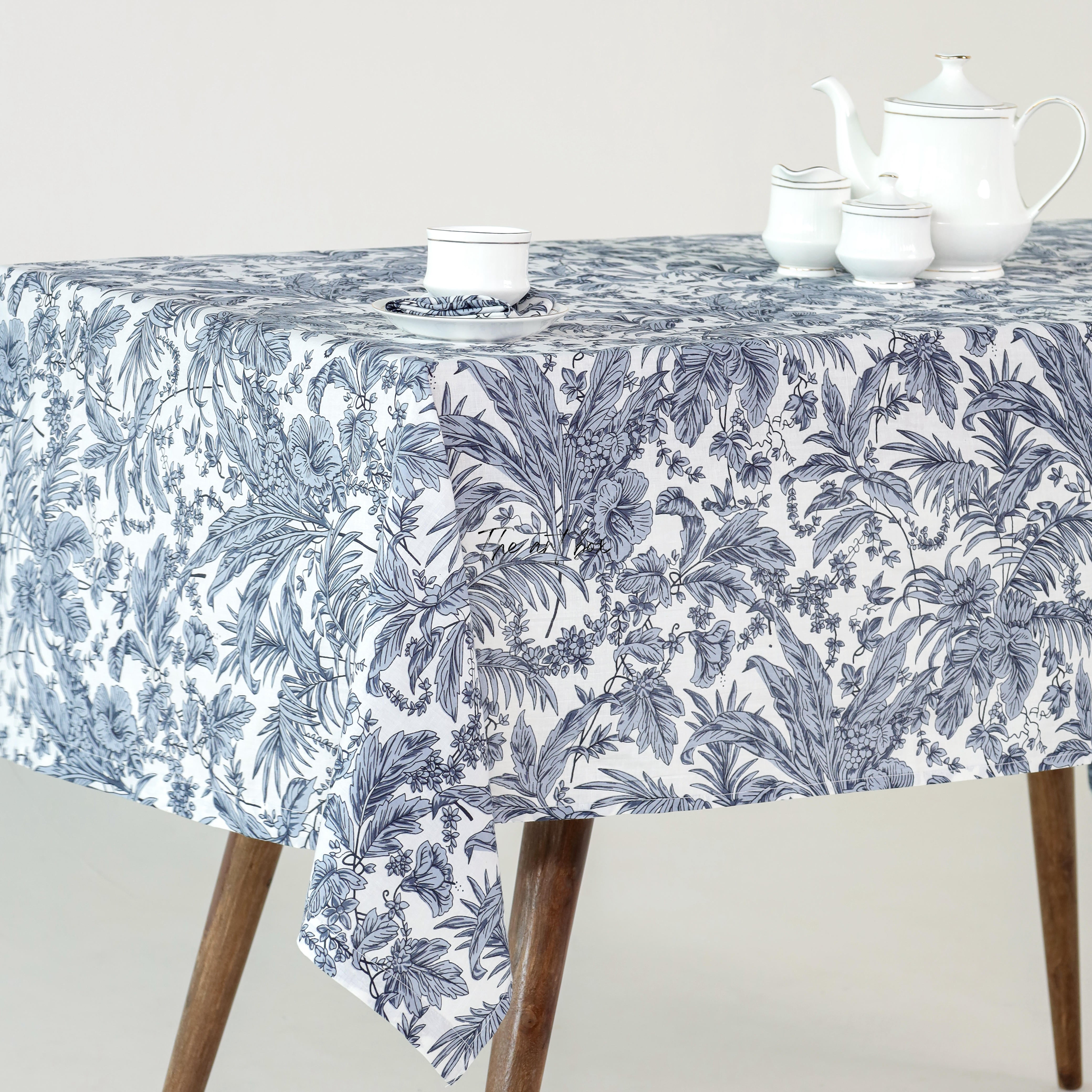 White Floral Printed Cotton Table Cover