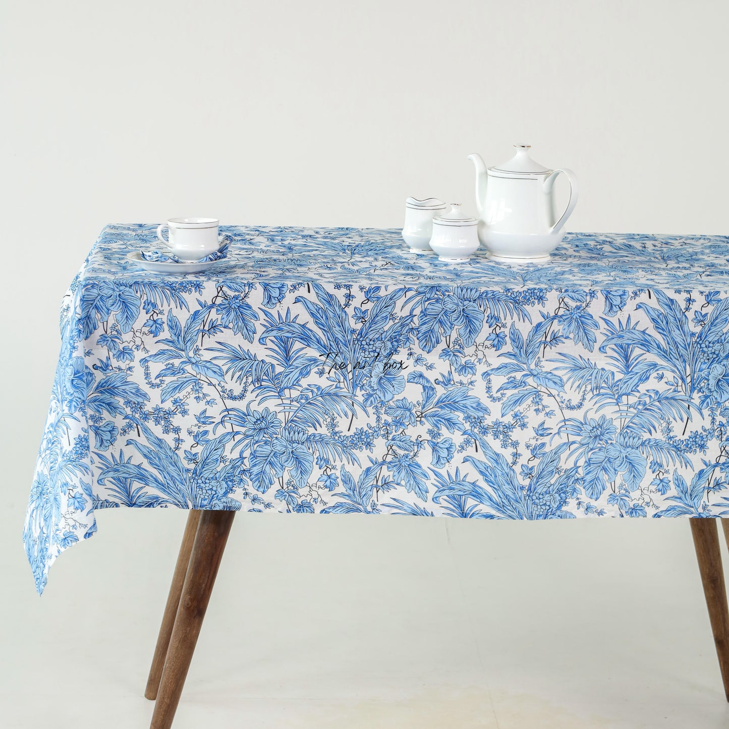 Sky Blue Tablecloth Floral Printed Cotton Table Cover