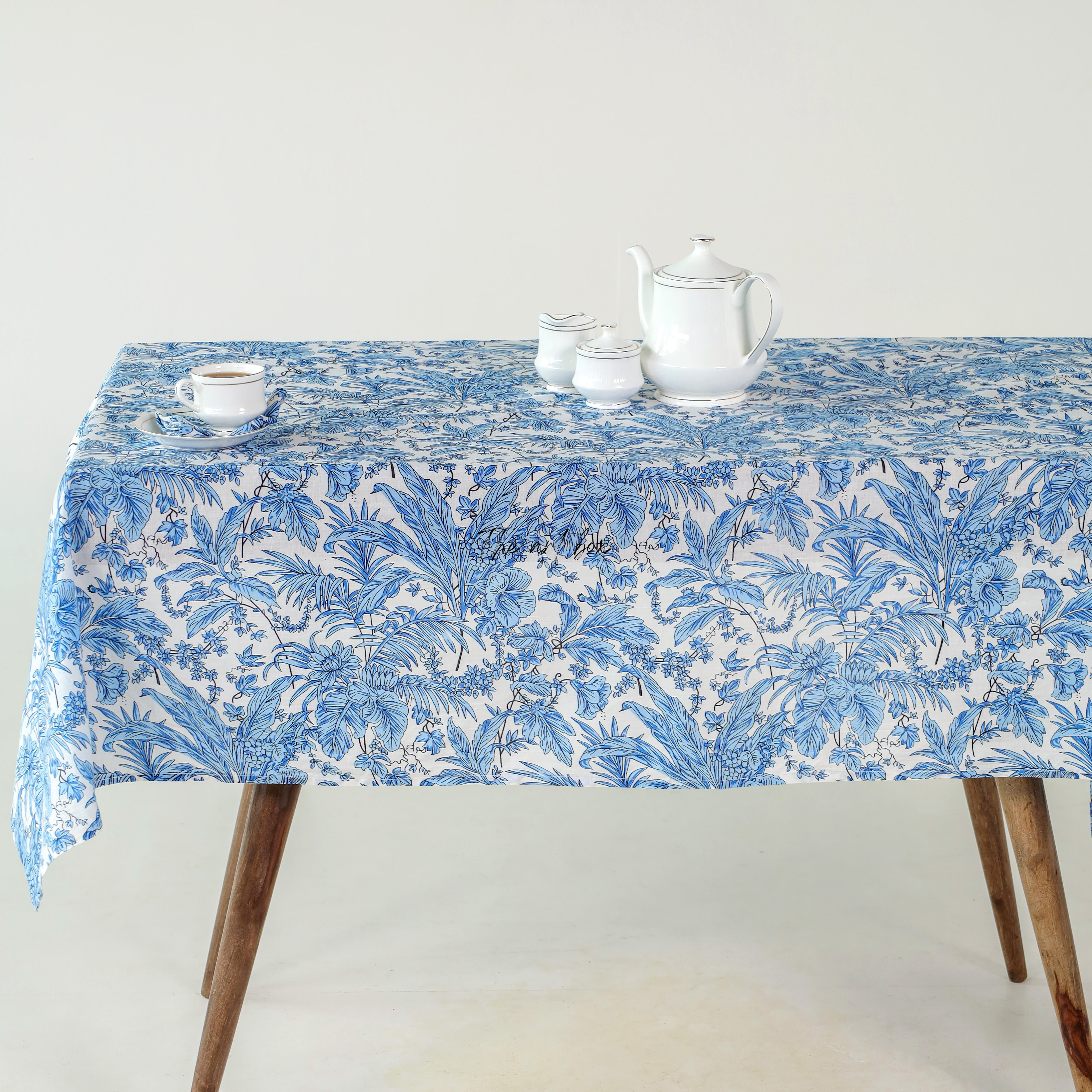 Sky Blue Tablecloth Floral Printed Cotton Table Cover