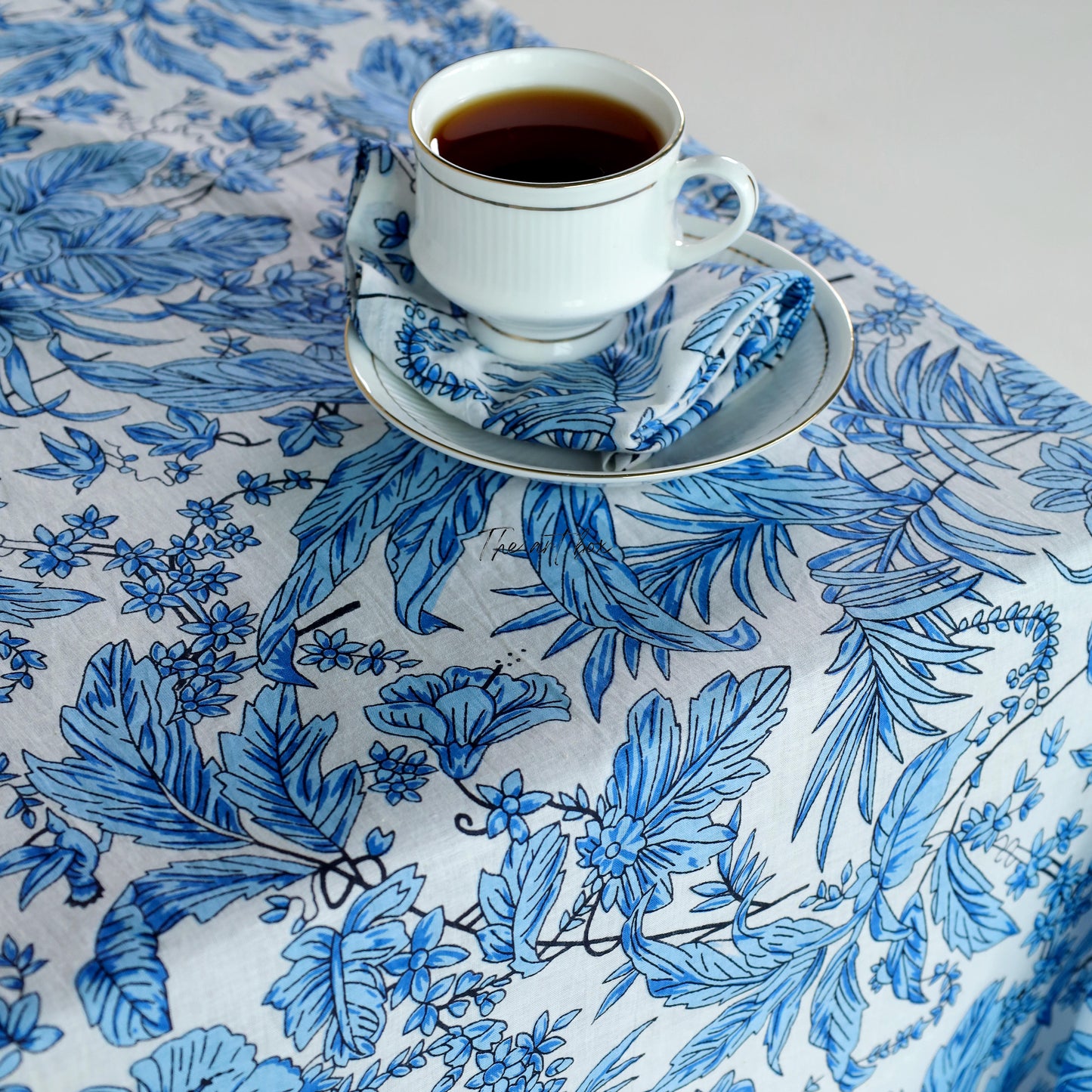 Sky Blue Tablecloth Floral Printed Cotton Table Cover