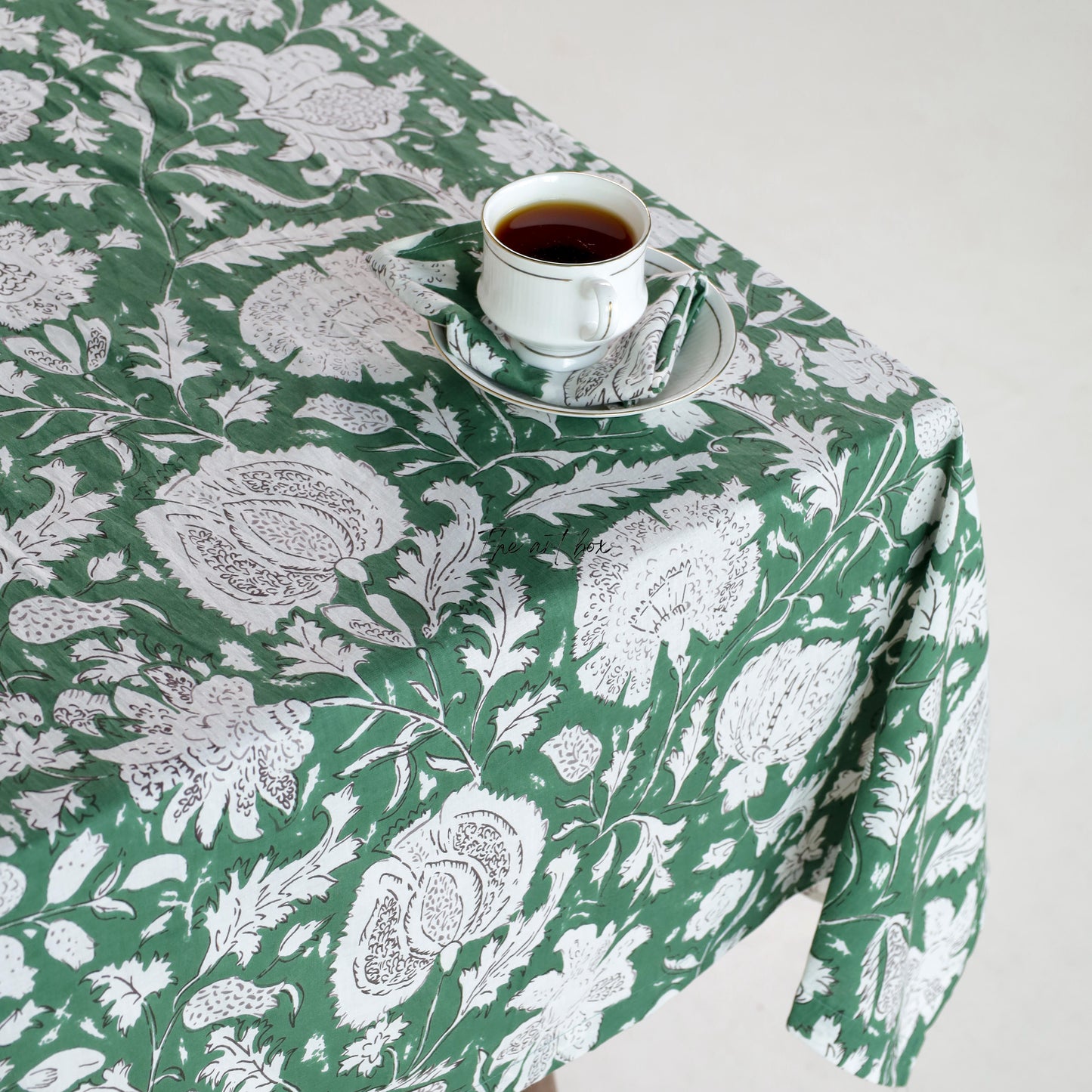 Indian Print Table Cloth, Green Floral Printed Cotton Table Cover